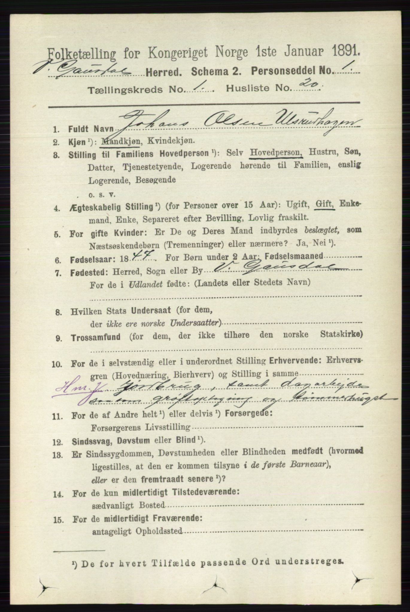 RA, 1891 census for 0523 Vestre Gausdal, 1891, p. 166