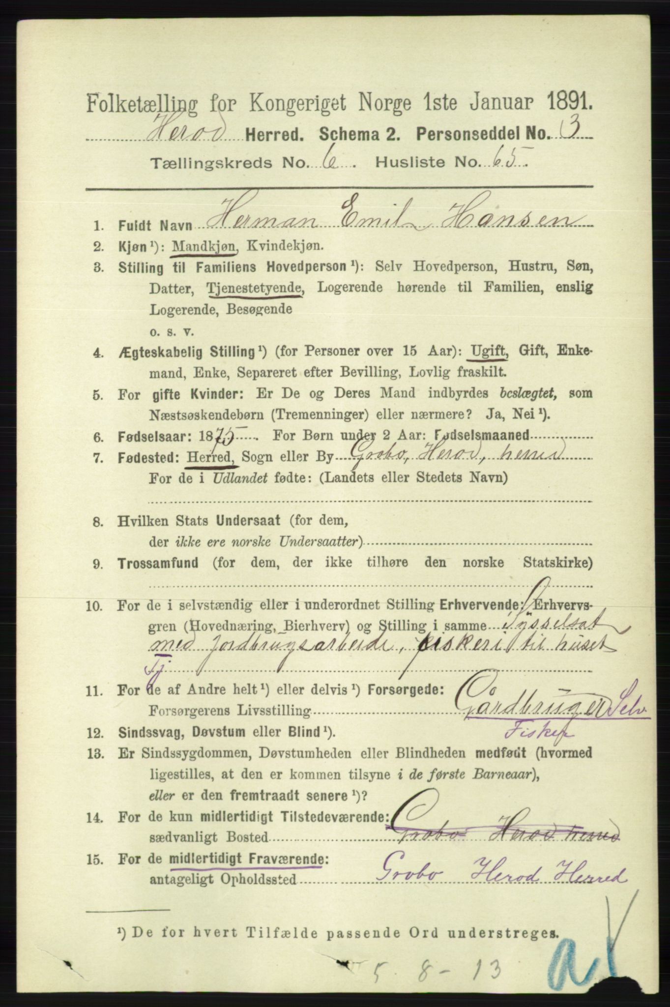 RA, 1891 census for 1039 Herad, 1891, p. 2709