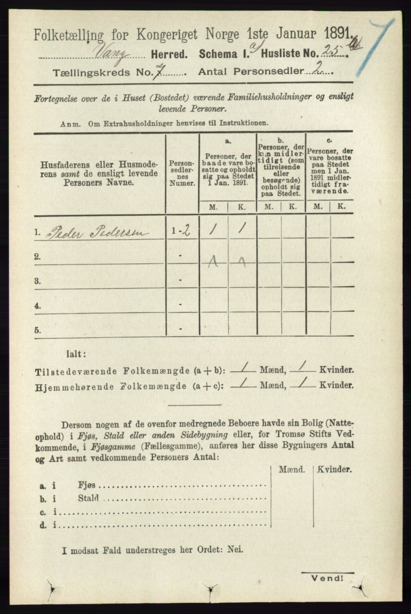 RA, 1891 census for 0414 Vang, 1891, p. 4945