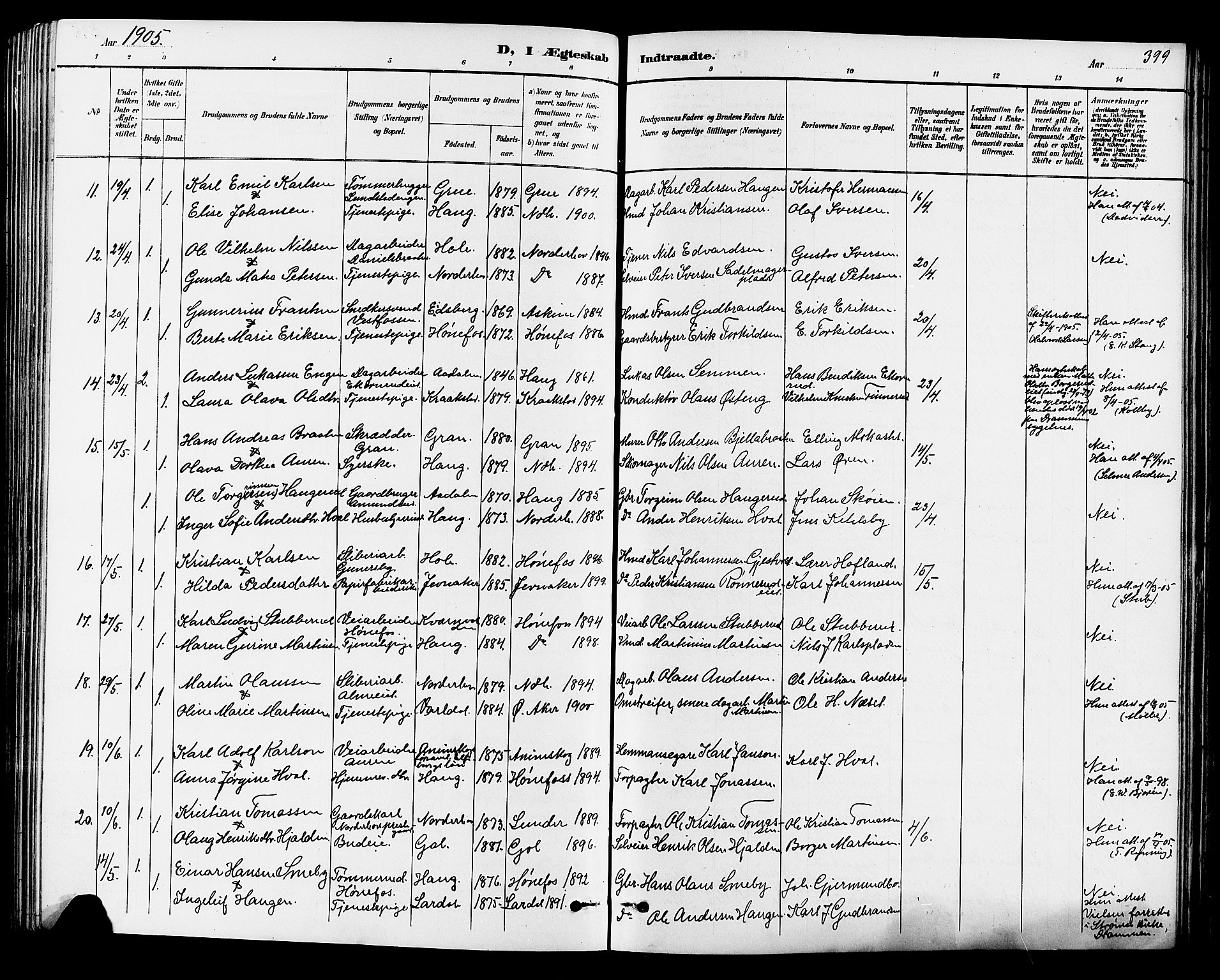 Norderhov kirkebøker, AV/SAKO-A-237/G/Ga/L0008: Parish register (copy) no. I 8, 1887-1912, p. 399