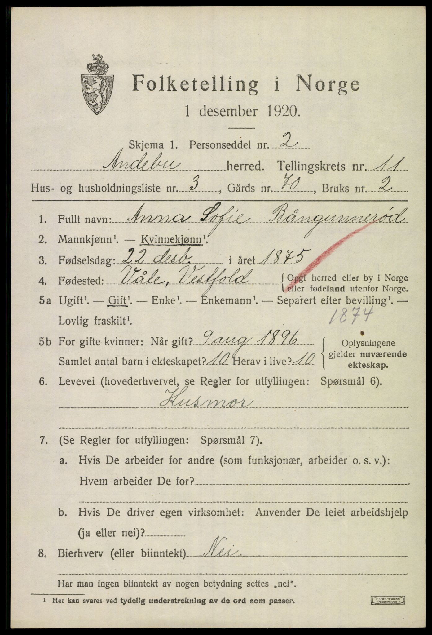 SAKO, 1920 census for Andebu, 1920, p. 4132