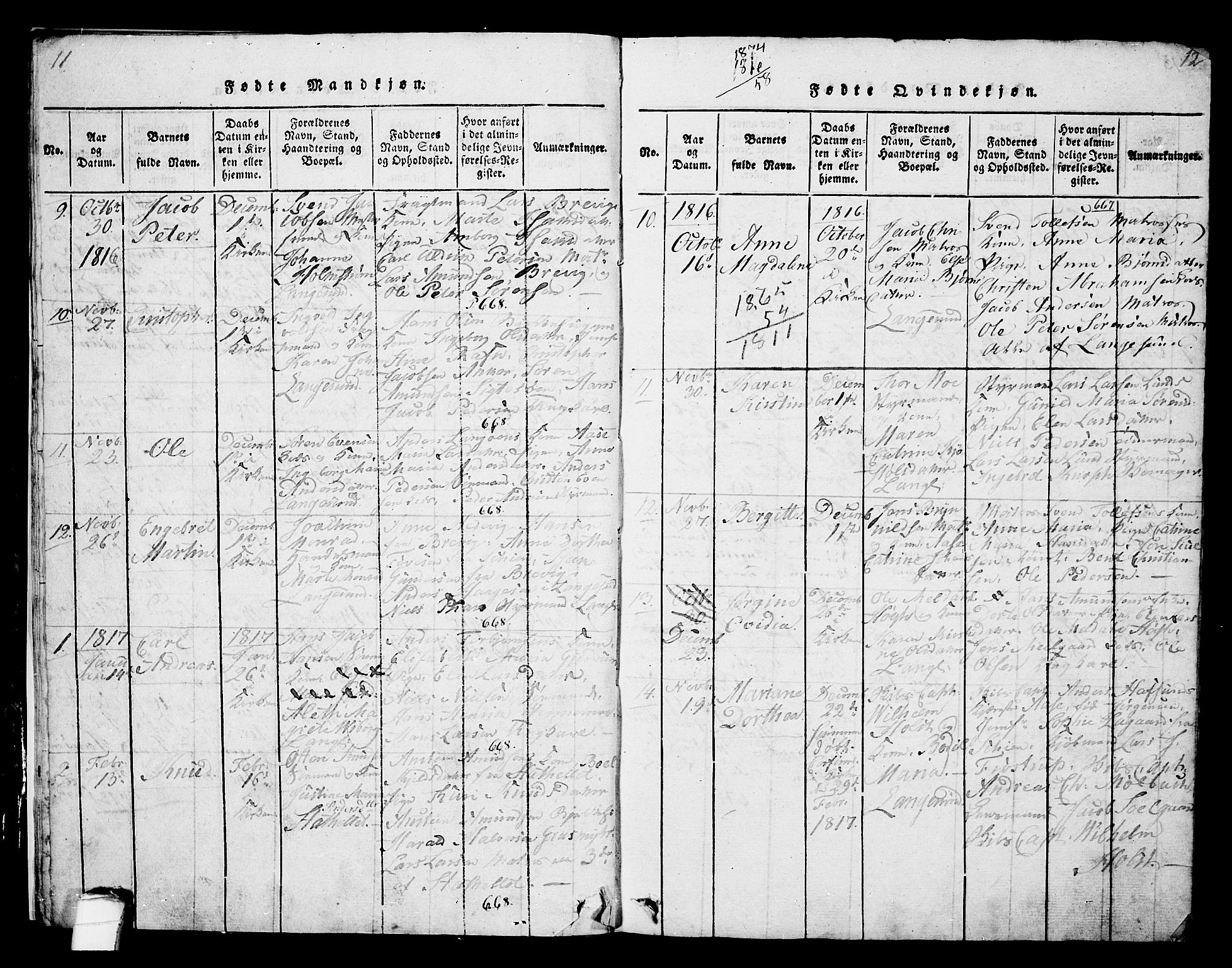 Langesund kirkebøker, SAKO/A-280/G/Ga/L0003: Parish register (copy) no. 3, 1815-1858, p. 11-12