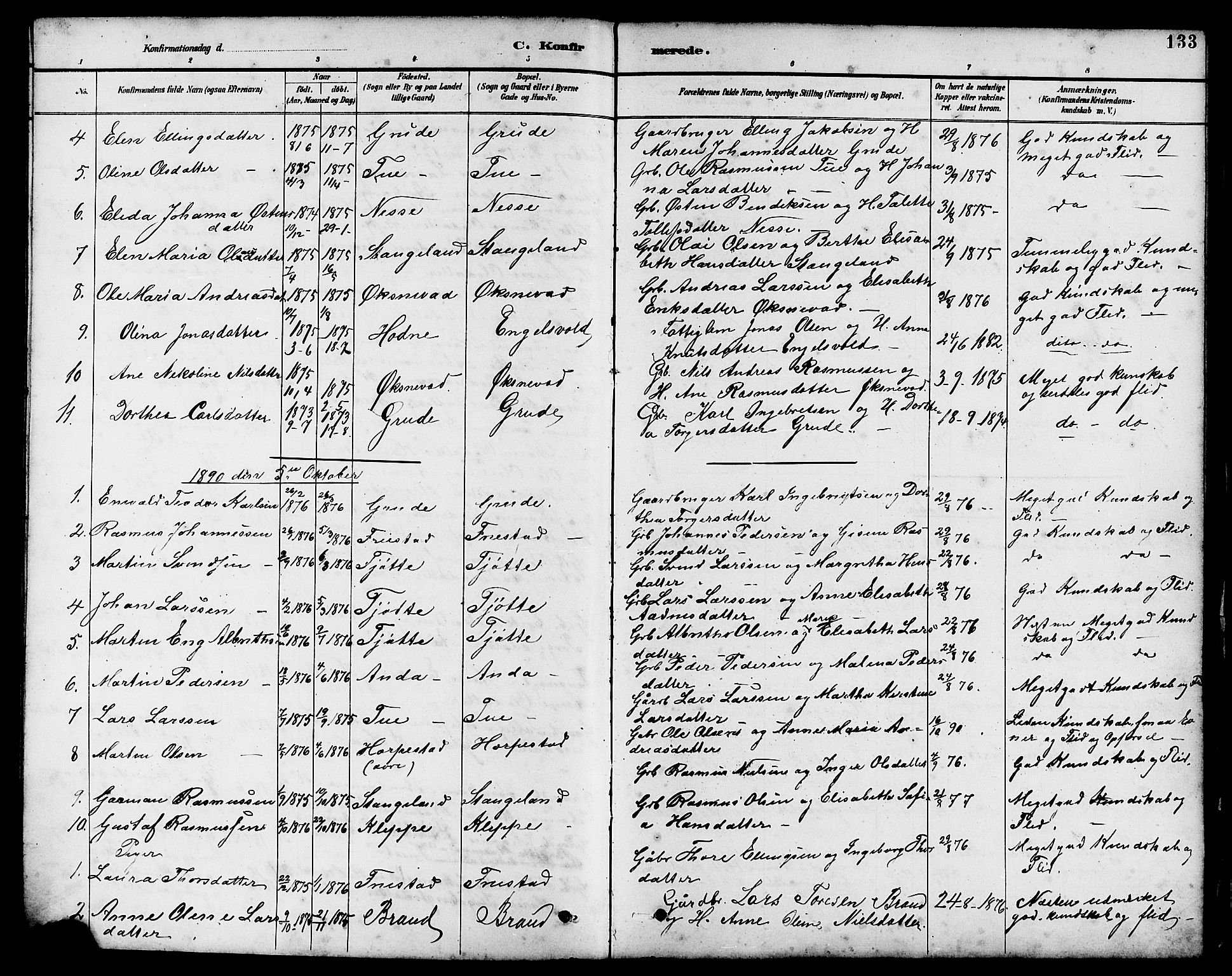 Klepp sokneprestkontor, SAST/A-101803/001/3/30BB/L0004: Parish register (copy) no. B 4, 1889-1914, p. 133
