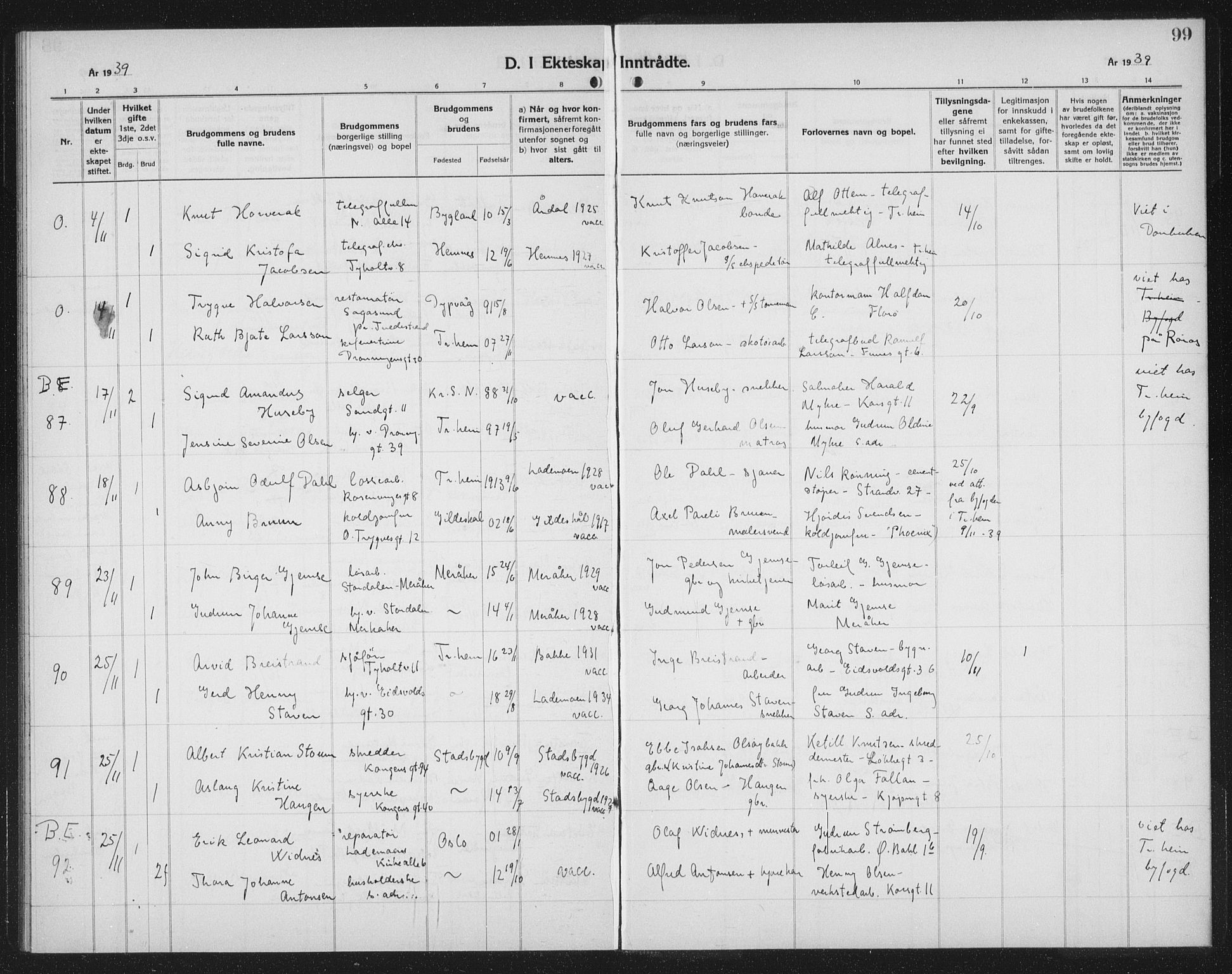 Ministerialprotokoller, klokkerbøker og fødselsregistre - Sør-Trøndelag, AV/SAT-A-1456/602/L0152: Parish register (copy) no. 602C20, 1933-1940, p. 99