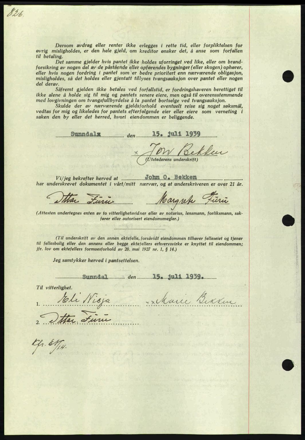 Nordmøre sorenskriveri, AV/SAT-A-4132/1/2/2Ca: Mortgage book no. B85, 1939-1939, Diary no: : 2210/1939