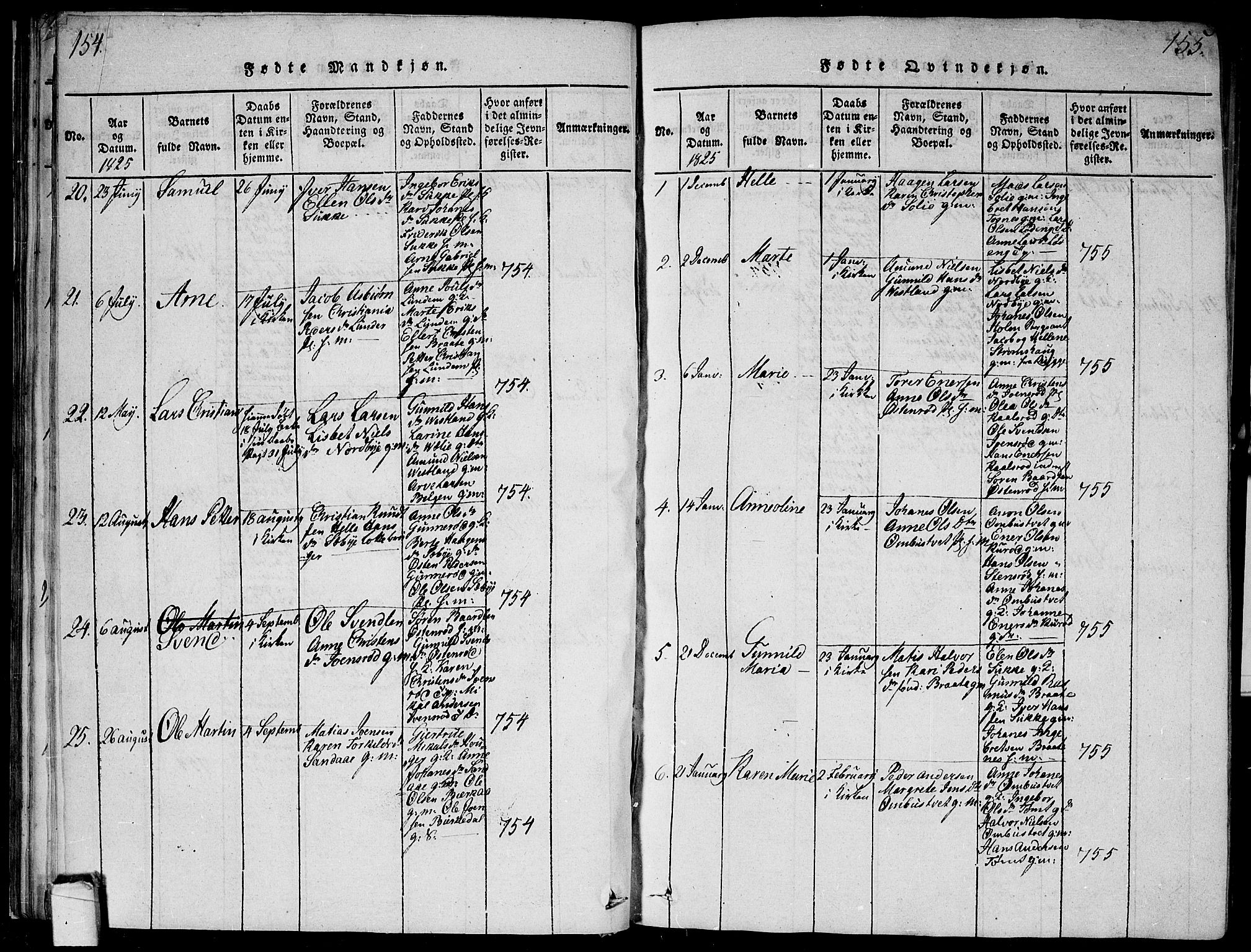 Våler prestekontor Kirkebøker, SAO/A-11083/G/Ga/L0001: Parish register (copy) no. I 1, 1815-1839, p. 154-155