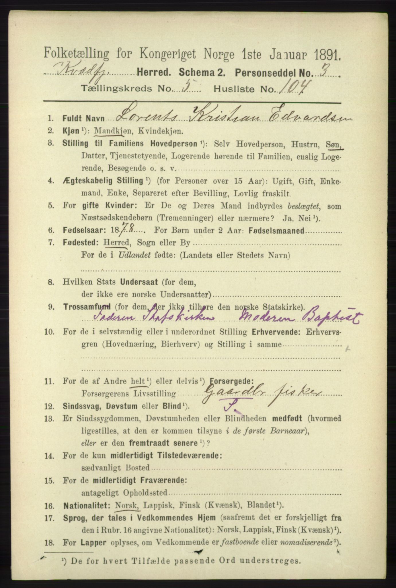 RA, 1891 census for 1911 Kvæfjord, 1891, p. 3496