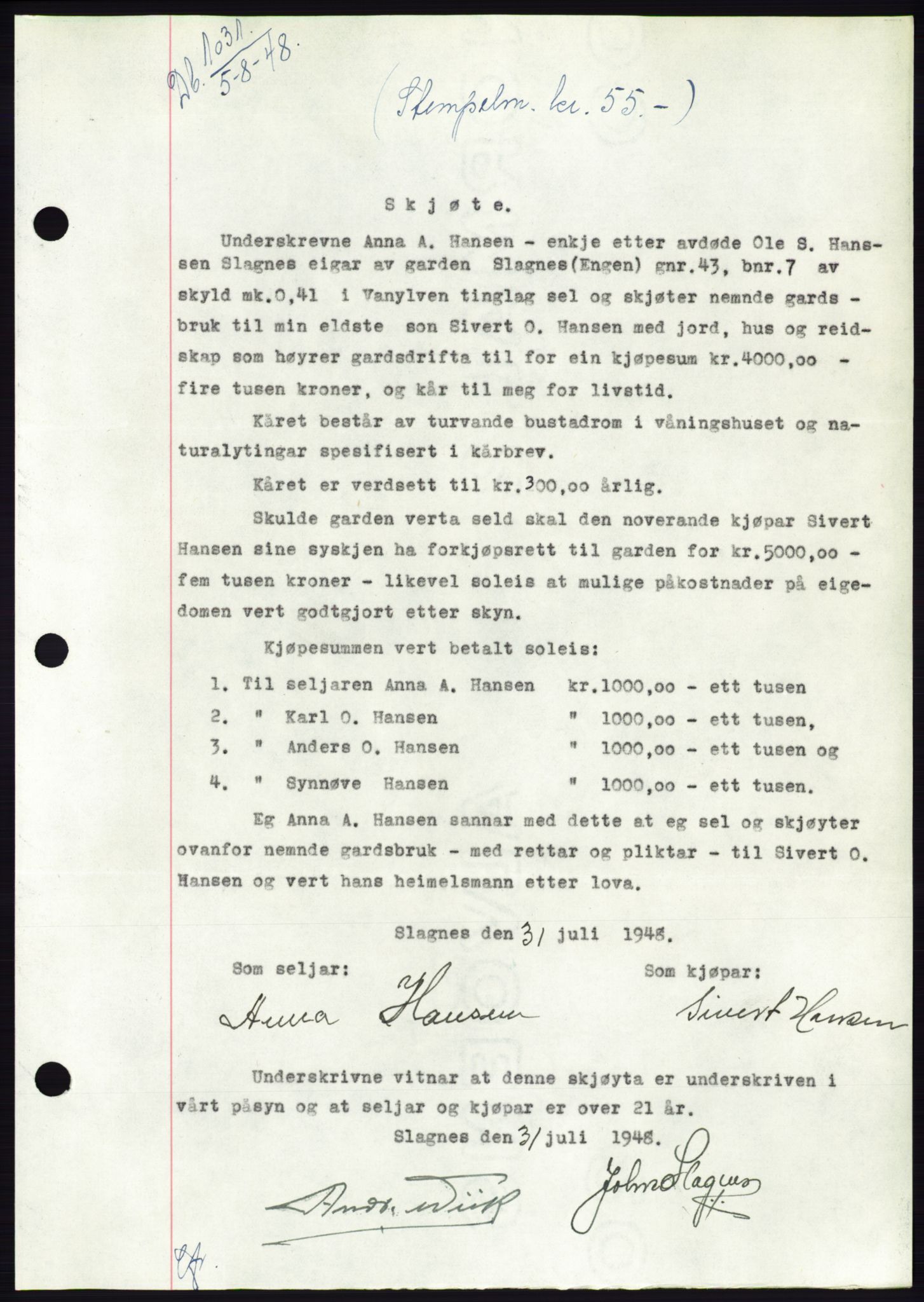 Søre Sunnmøre sorenskriveri, AV/SAT-A-4122/1/2/2C/L0082: Mortgage book no. 8A, 1948-1948, Diary no: : 1031/1948