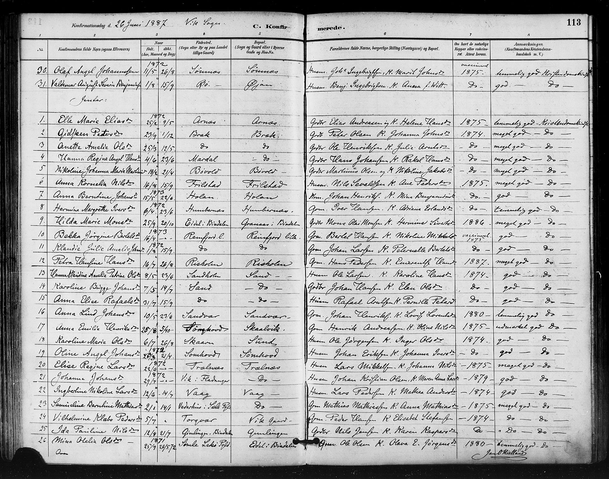 Ministerialprotokoller, klokkerbøker og fødselsregistre - Nordland, AV/SAT-A-1459/812/L0178: Parish register (official) no. 812A07, 1886-1900, p. 113