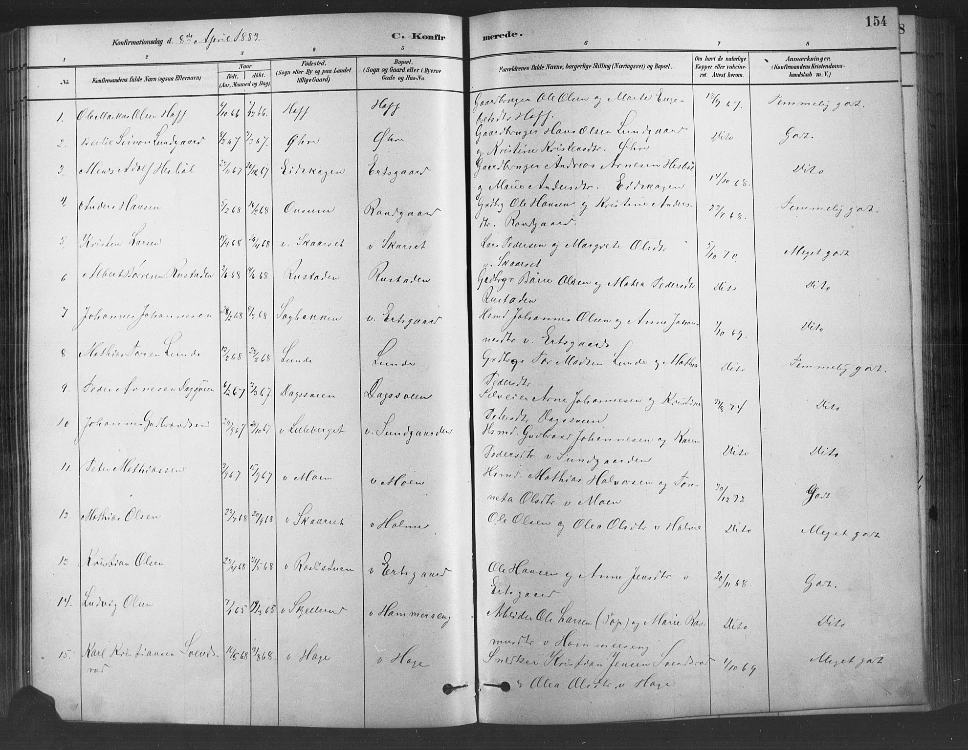 Fåberg prestekontor, SAH/PREST-086/H/Ha/Haa/L0009: Parish register (official) no. 9, 1879-1898, p. 154
