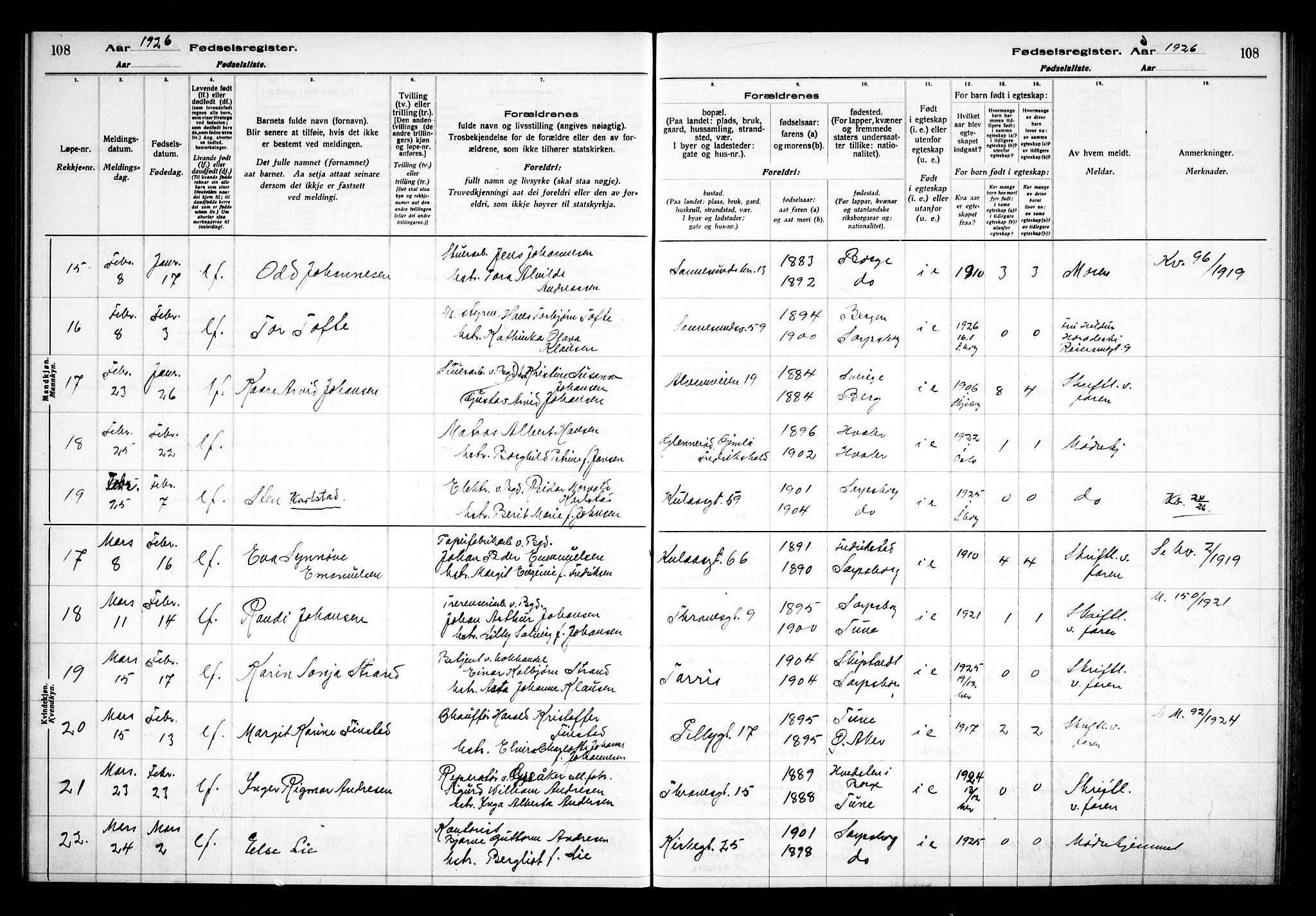 Sarpsborg prestekontor Kirkebøker, AV/SAO-A-2006/J/Ja/L0002: Birth register no. 2, 1922-1928, p. 108