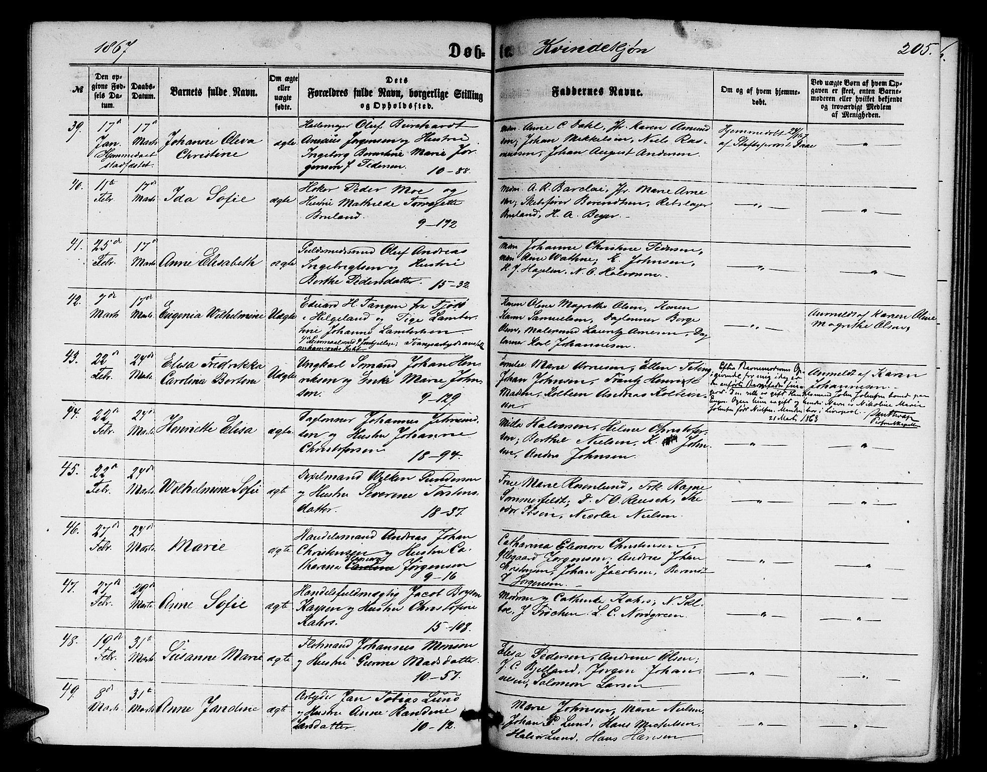 Domkirken sokneprestembete, SAB/A-74801/H/Hab/L0012: Parish register (copy) no. B 5, 1862-1869, p. 205