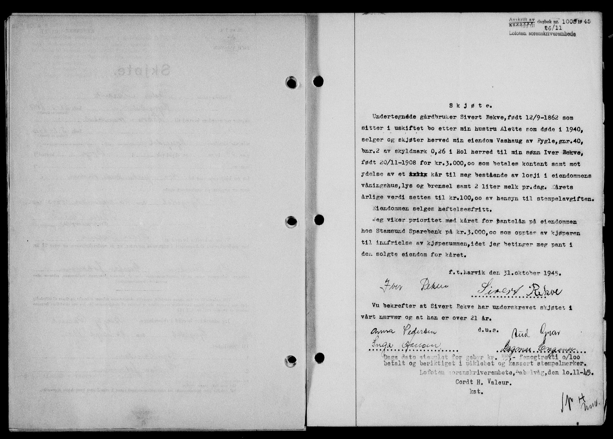 Lofoten sorenskriveri, SAT/A-0017/1/2/2C/L0013a: Mortgage book no. 13a, 1944-1946, Diary no: : 1003/1945