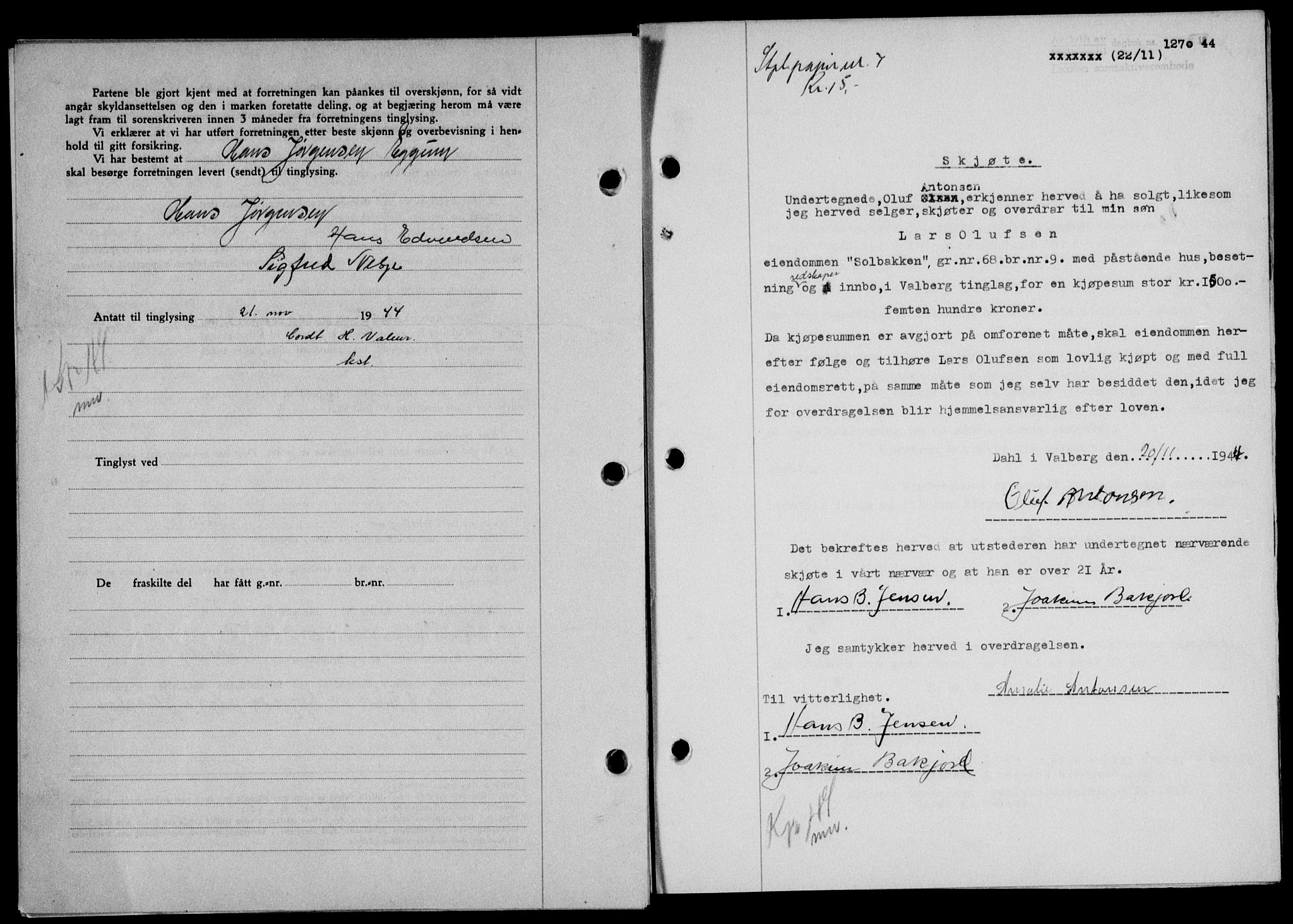 Lofoten sorenskriveri, SAT/A-0017/1/2/2C/L0012a: Mortgage book no. 12a, 1943-1944, Diary no: : 1270/1944