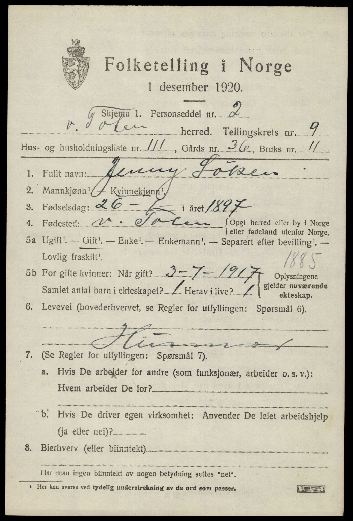 SAH, 1920 census for Vestre Toten, 1920, p. 12998