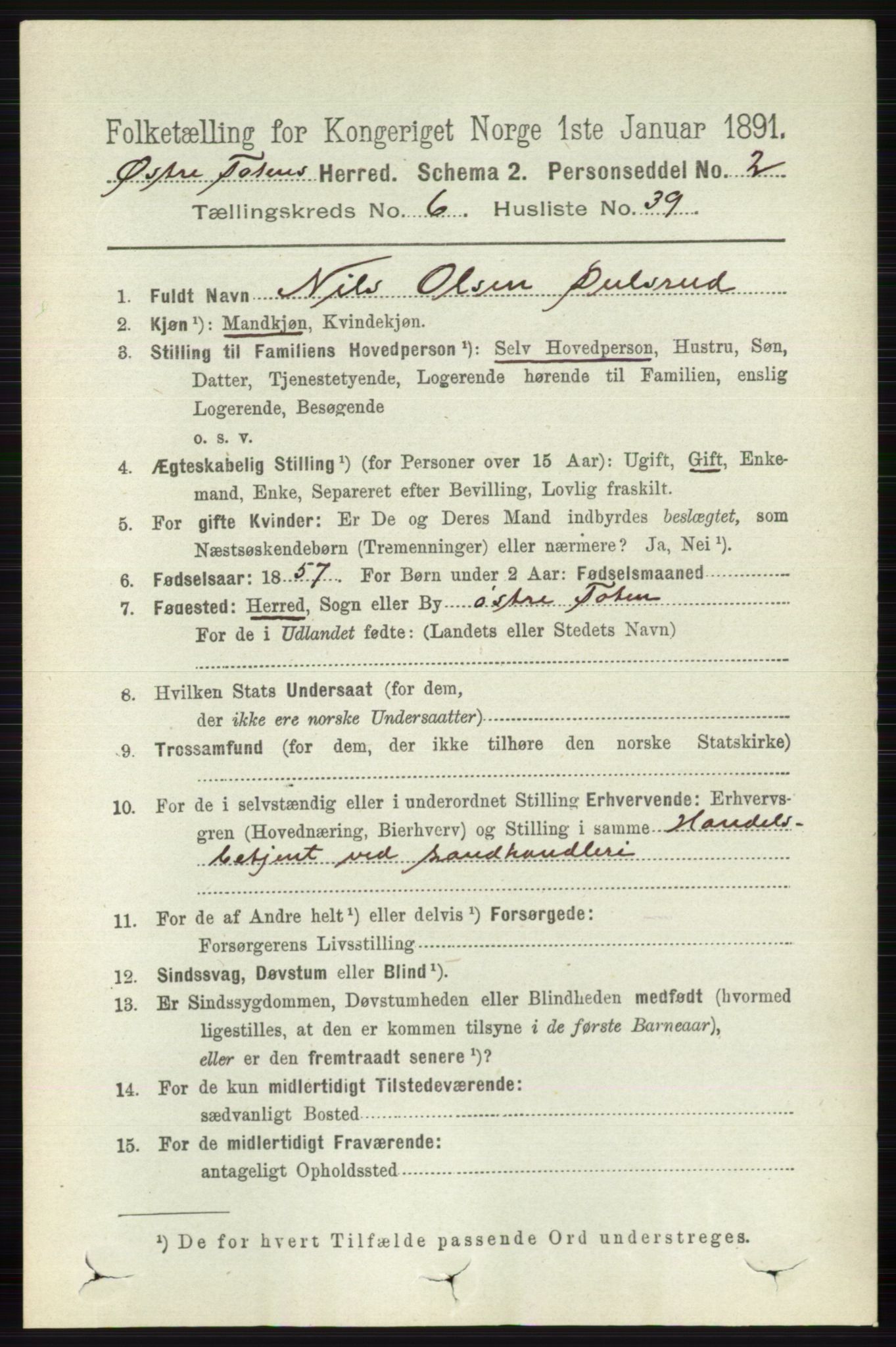 RA, 1891 census for 0528 Østre Toten, 1891, p. 4003