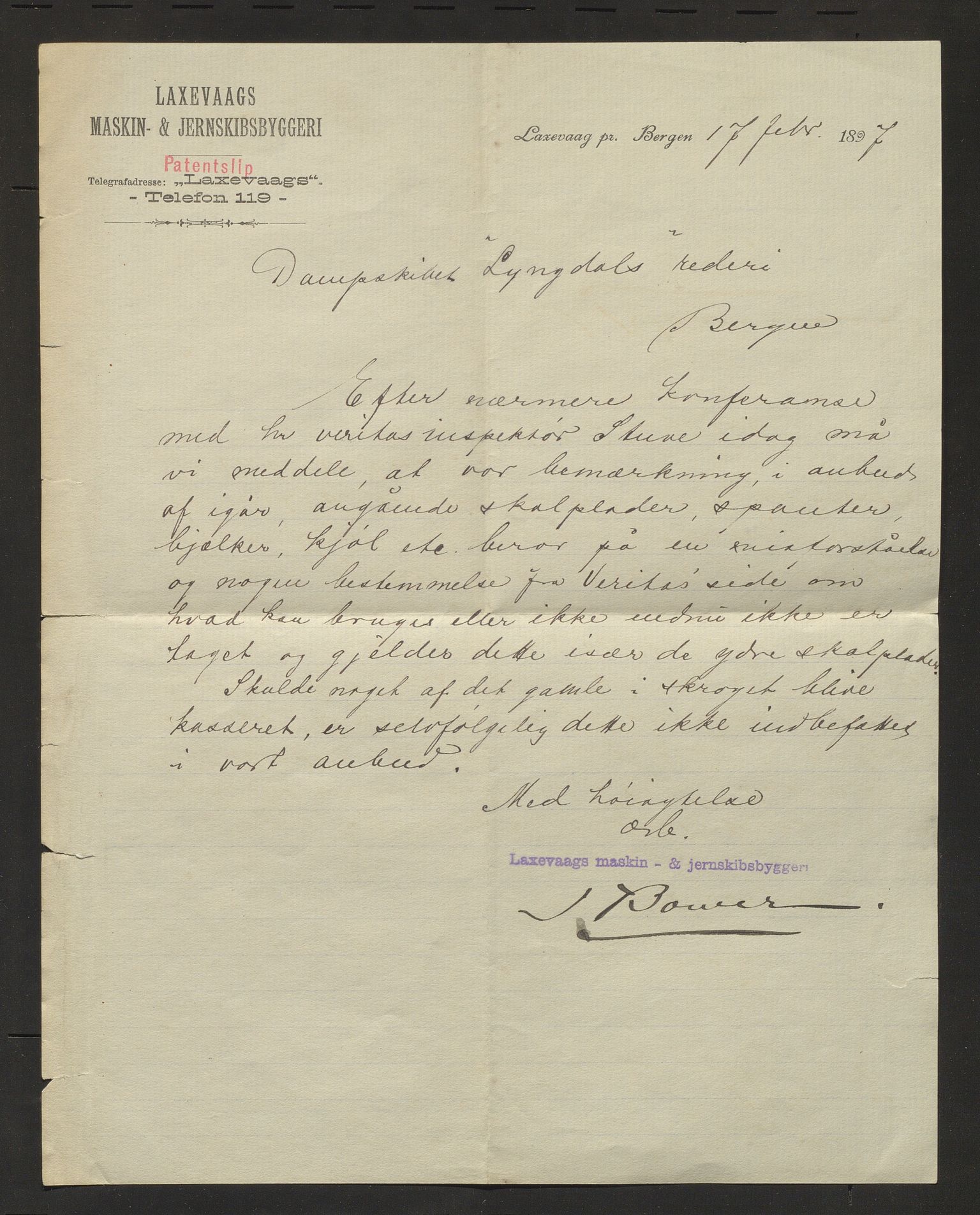 Lyngedals dampskipsselskap, IKAH/1246-pa0013/E/Ea/L0001/0003: Korrespondanse  / Brev frå Laksevåg maskin og jernskibsbyggeri, 1897