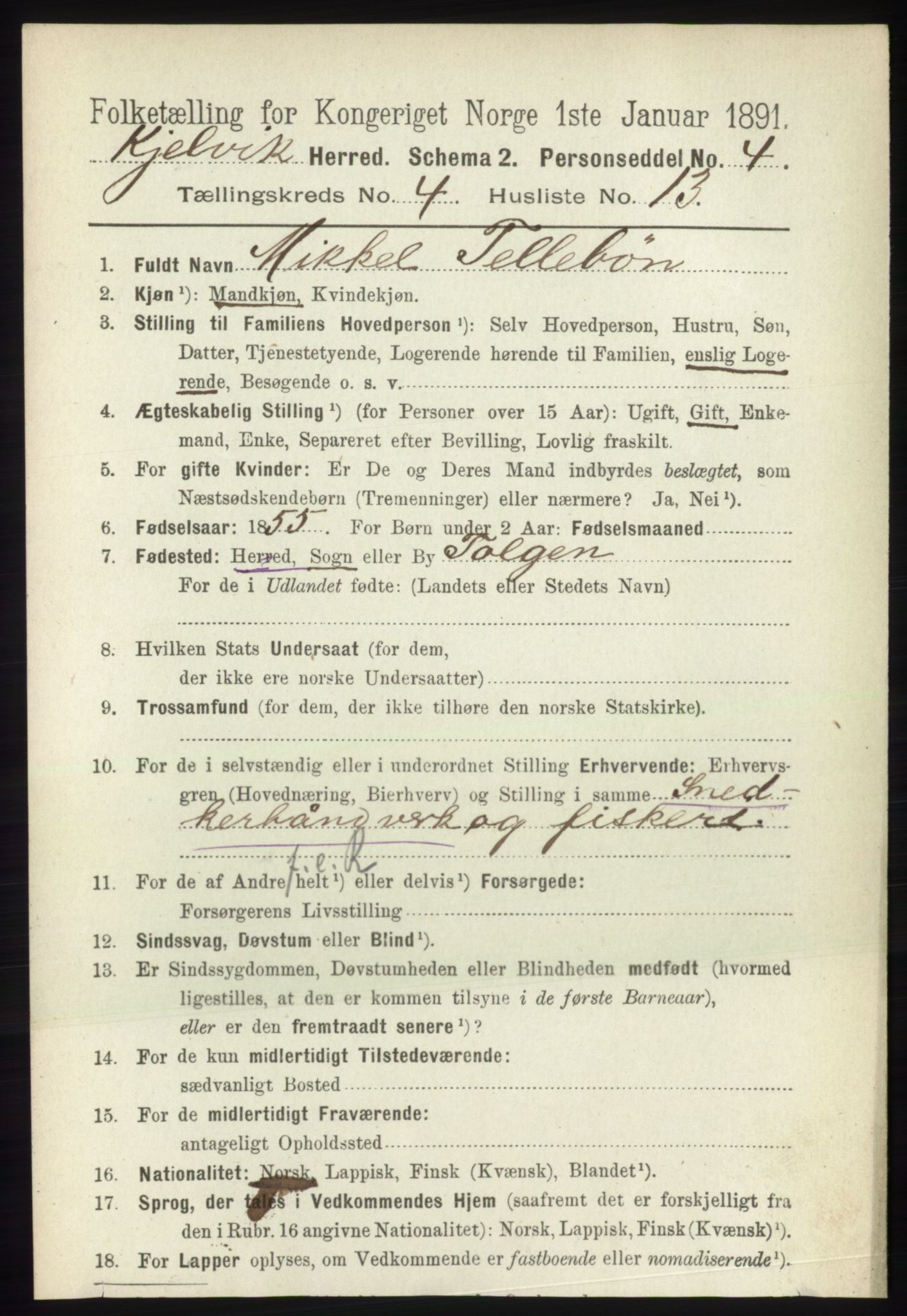 RA, 1891 census for 2019 Kjelvik, 1891, p. 509