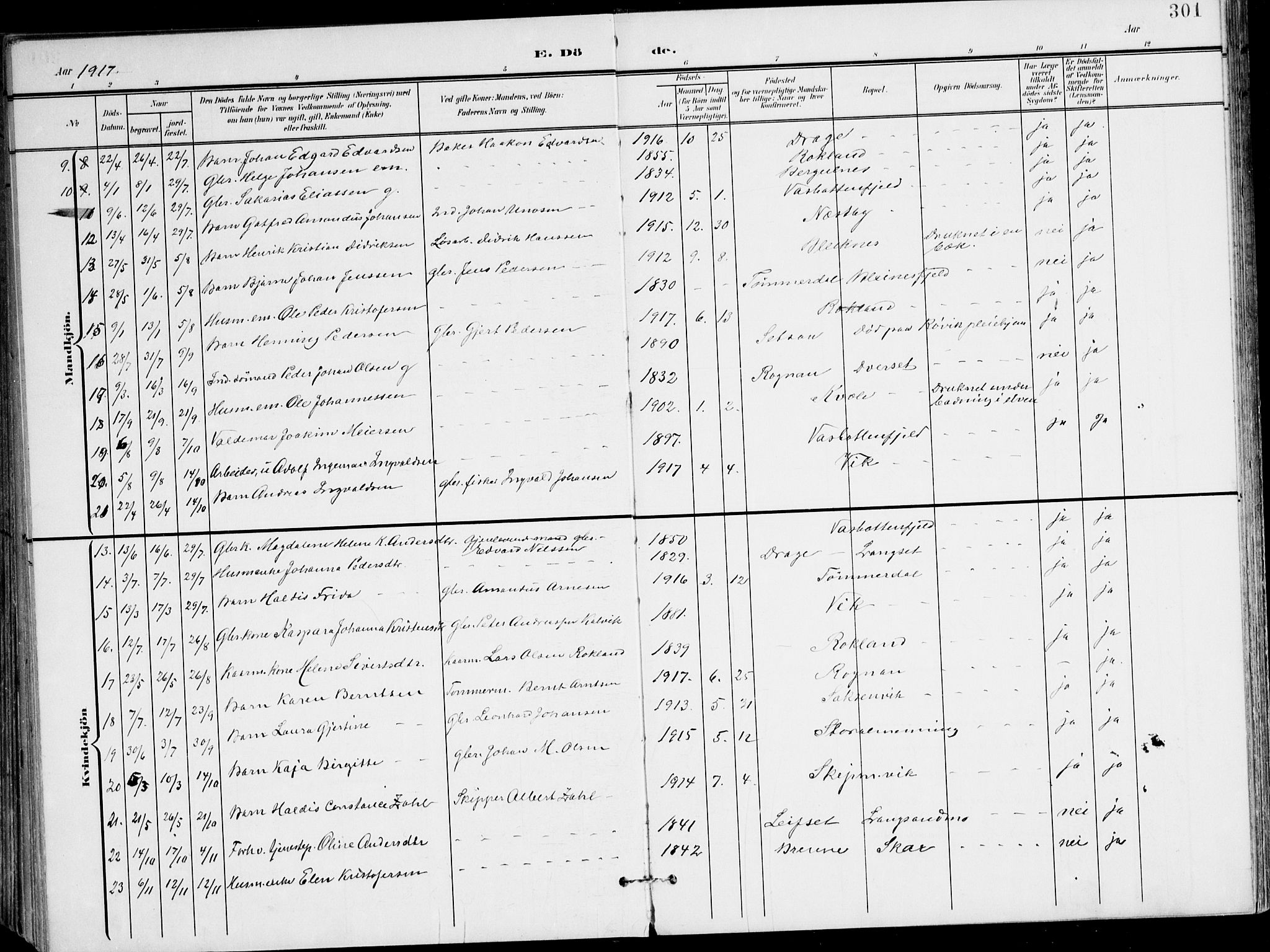 Ministerialprotokoller, klokkerbøker og fødselsregistre - Nordland, AV/SAT-A-1459/847/L0672: Parish register (official) no. 847A12, 1902-1919, p. 301