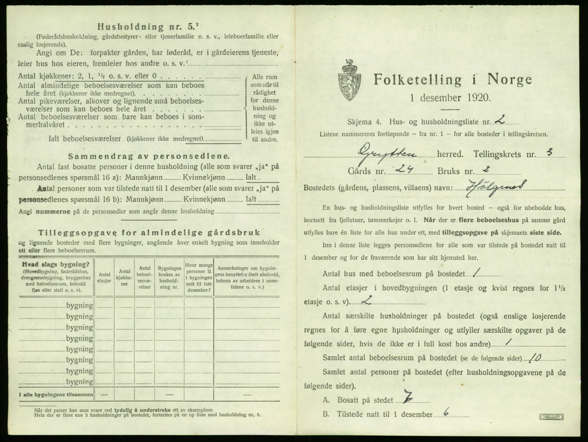 SAT, 1920 census for Grytten, 1920, p. 288