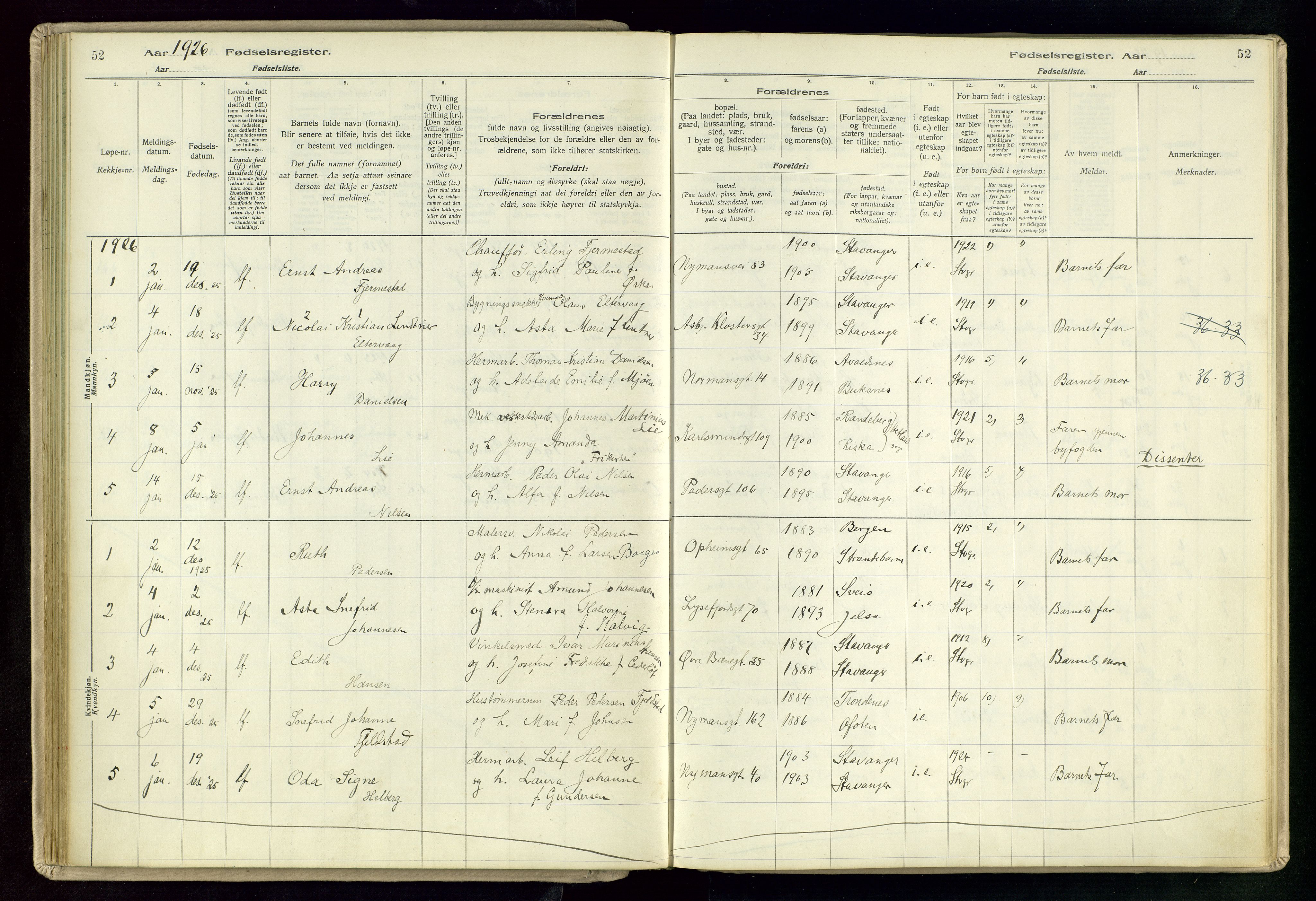 St. Johannes sokneprestkontor, SAST/A-101814/002/A/L0003: Birth register no. 3, 1924-1930, p. 52
