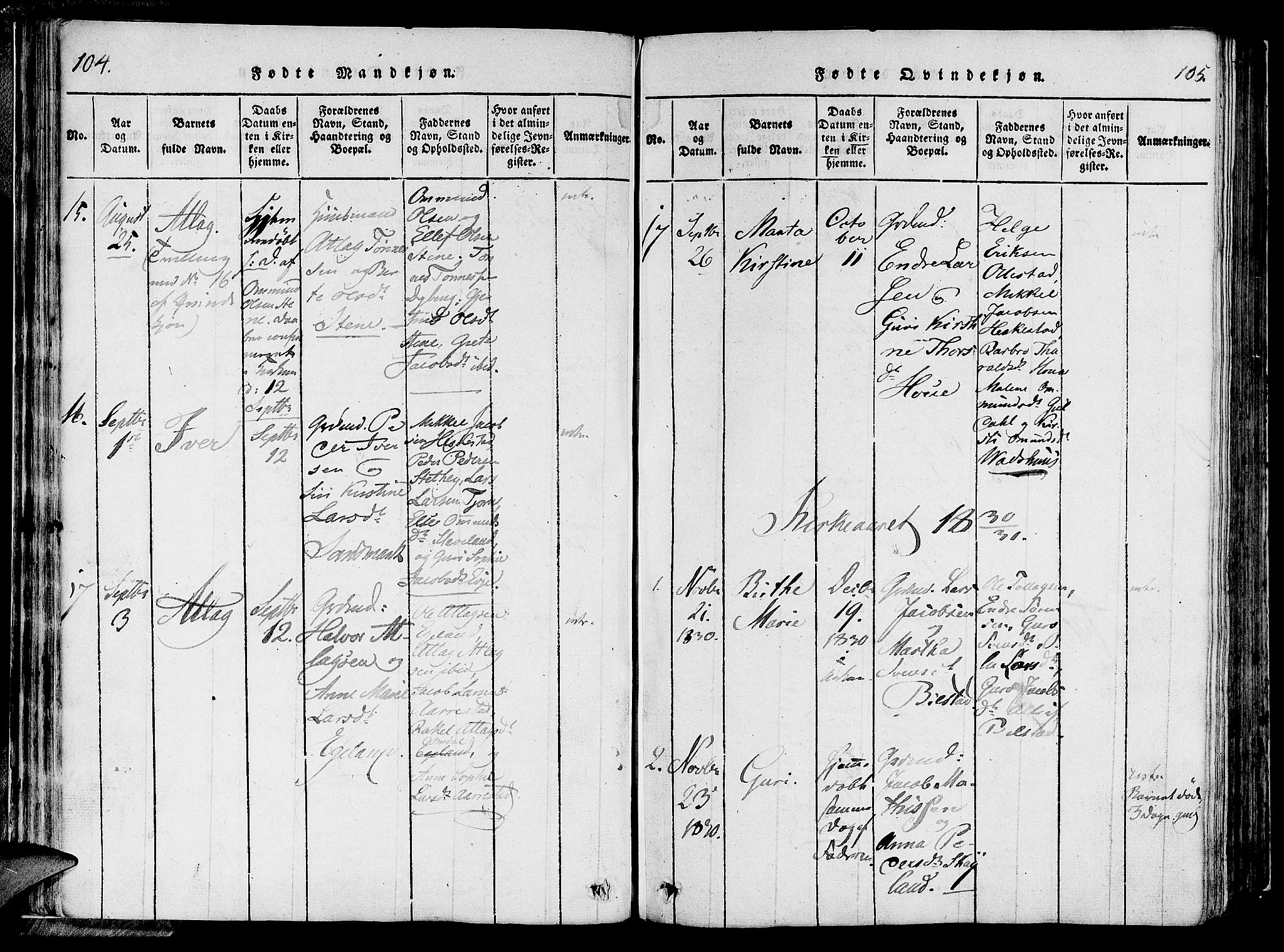Lund sokneprestkontor, SAST/A-101809/S06/L0006: Parish register (official) no. A 6, 1816-1839, p. 104-105