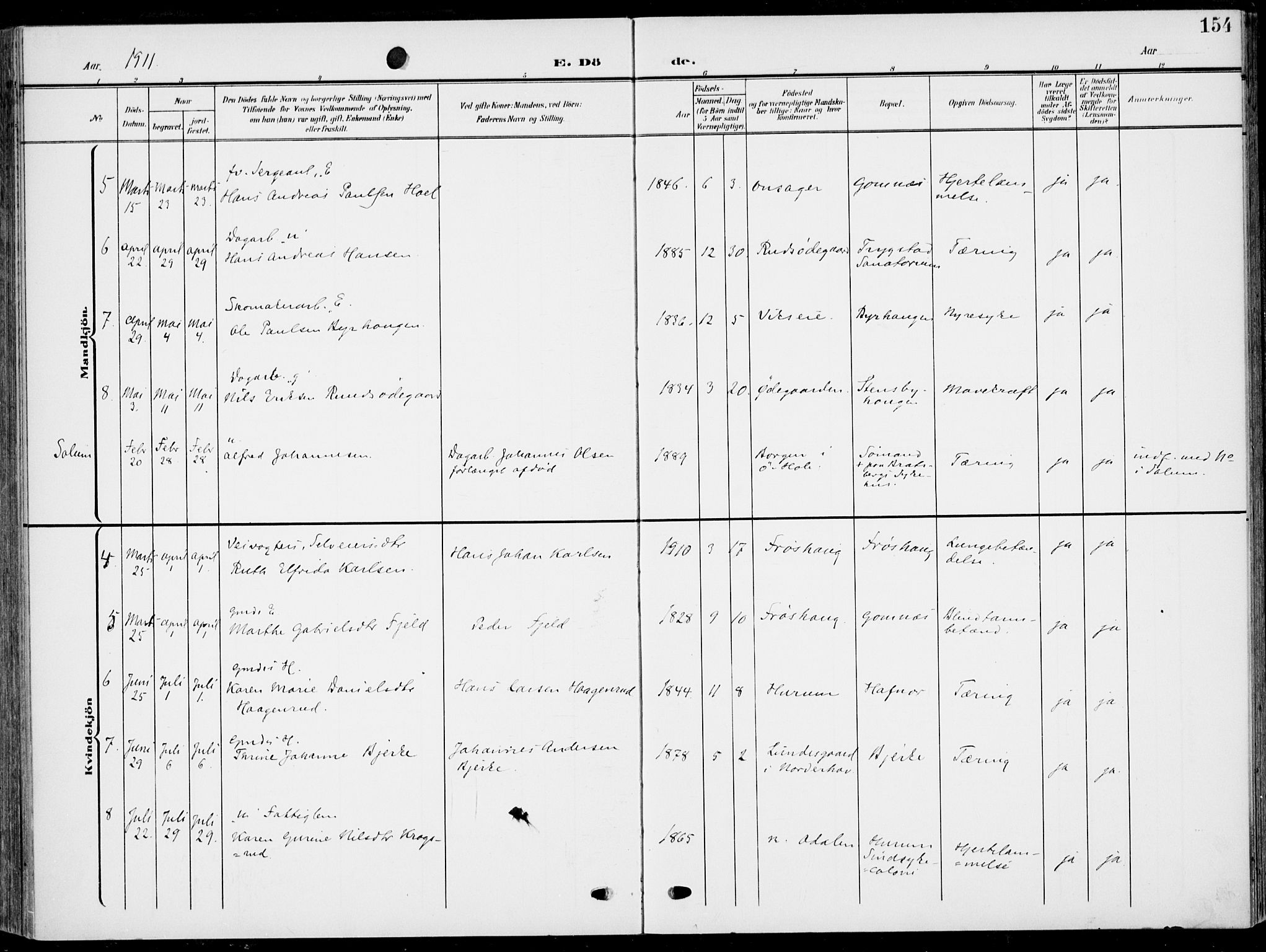 Hole kirkebøker, AV/SAKO-A-228/F/Fa/L0010: Parish register (official) no. I 10, 1907-1917, p. 154