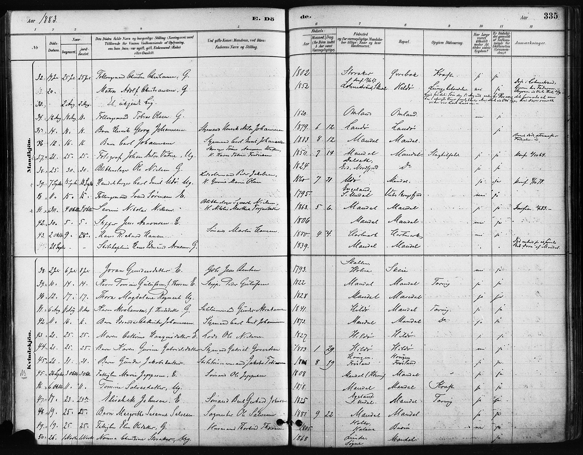 Mandal sokneprestkontor, SAK/1111-0030/F/Fa/Faa/L0016: Parish register (official) no. A 16, 1880-1890, p. 335