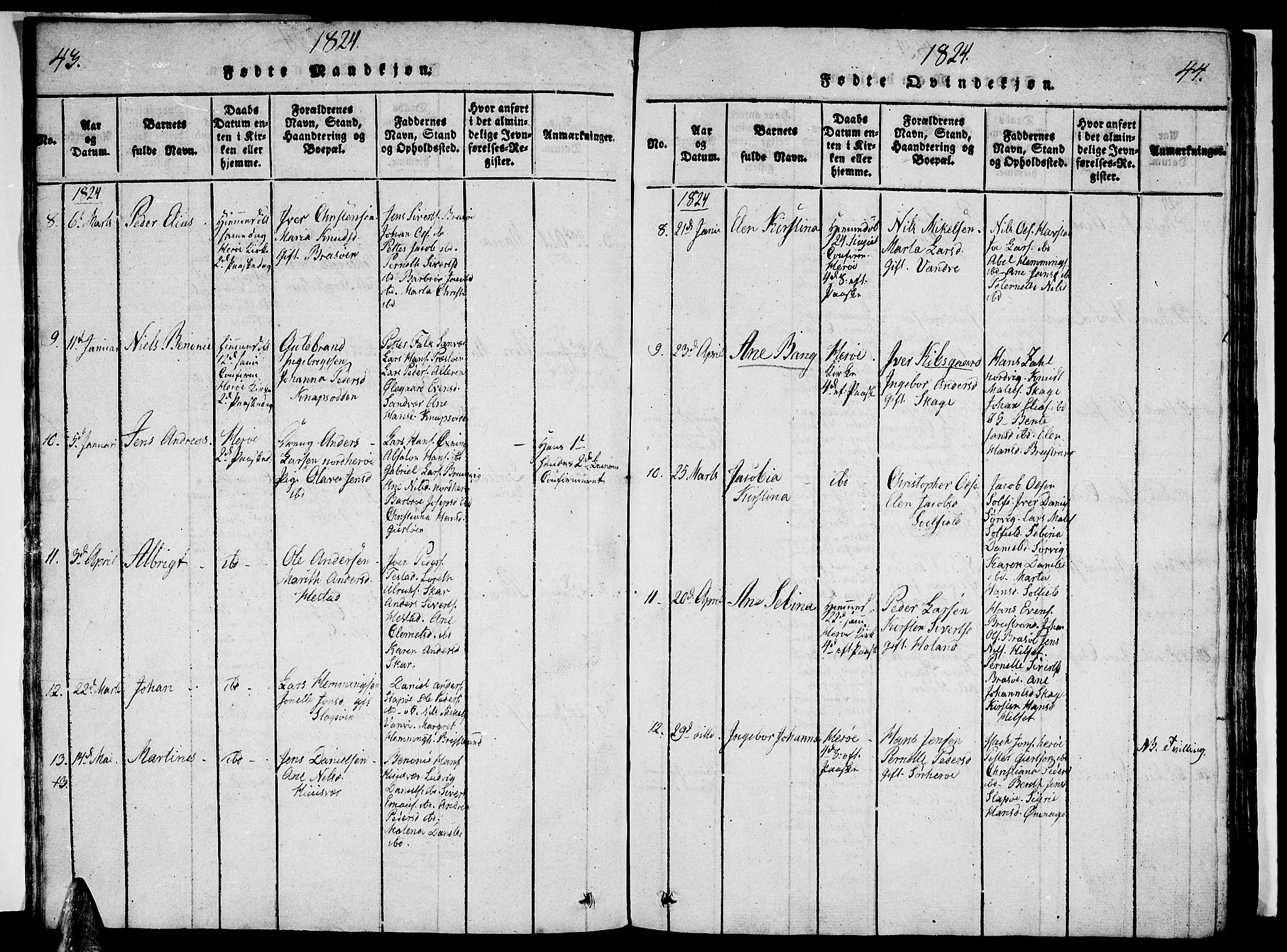 Ministerialprotokoller, klokkerbøker og fødselsregistre - Nordland, AV/SAT-A-1459/834/L0510: Parish register (copy) no. 834C01, 1820-1847, p. 43-44