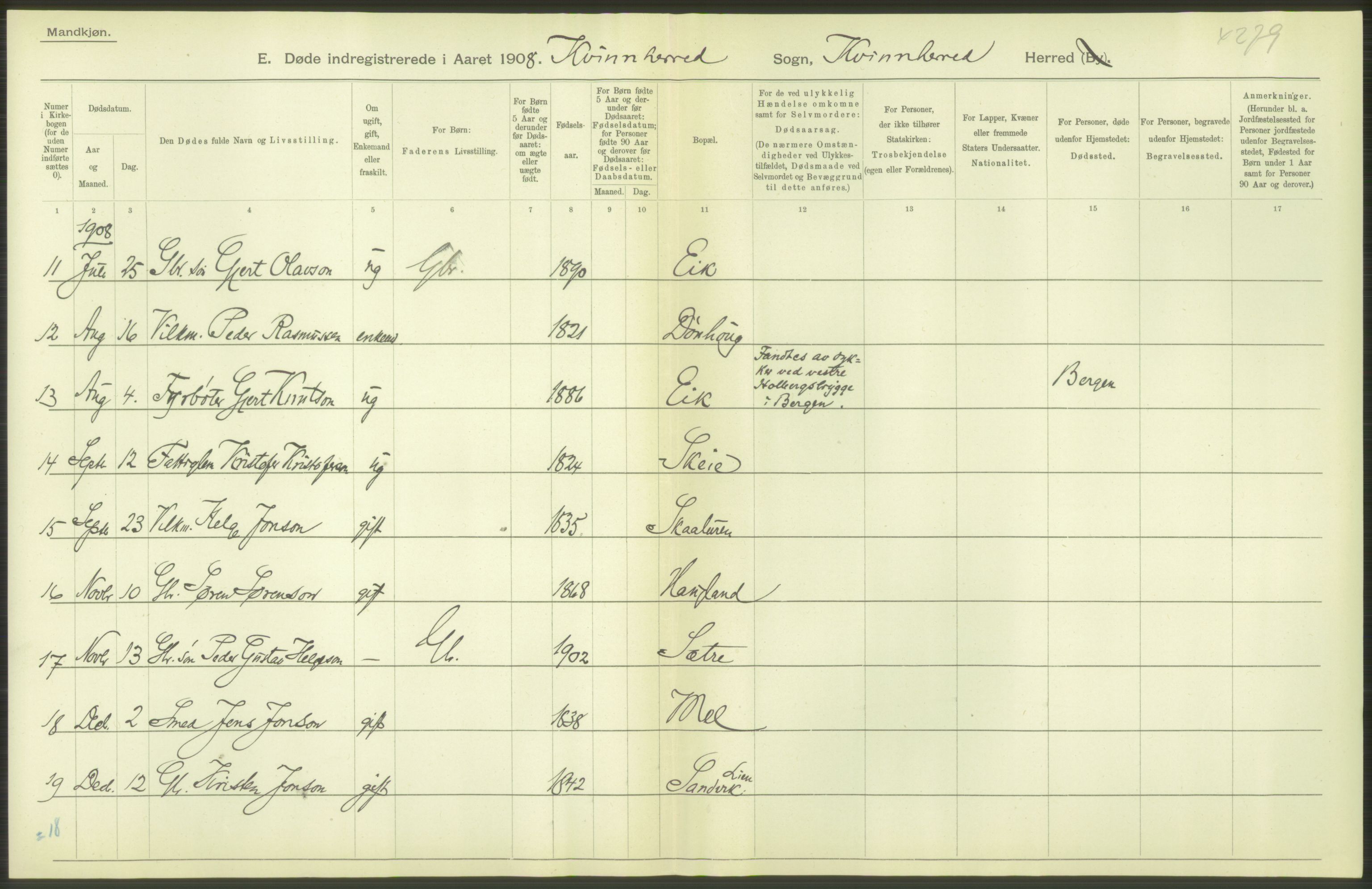 Statistisk sentralbyrå, Sosiodemografiske emner, Befolkning, AV/RA-S-2228/D/Df/Dfa/Dfaf/L0029: S. Bergenhus amt: Døde. Bygder., 1908, p. 10