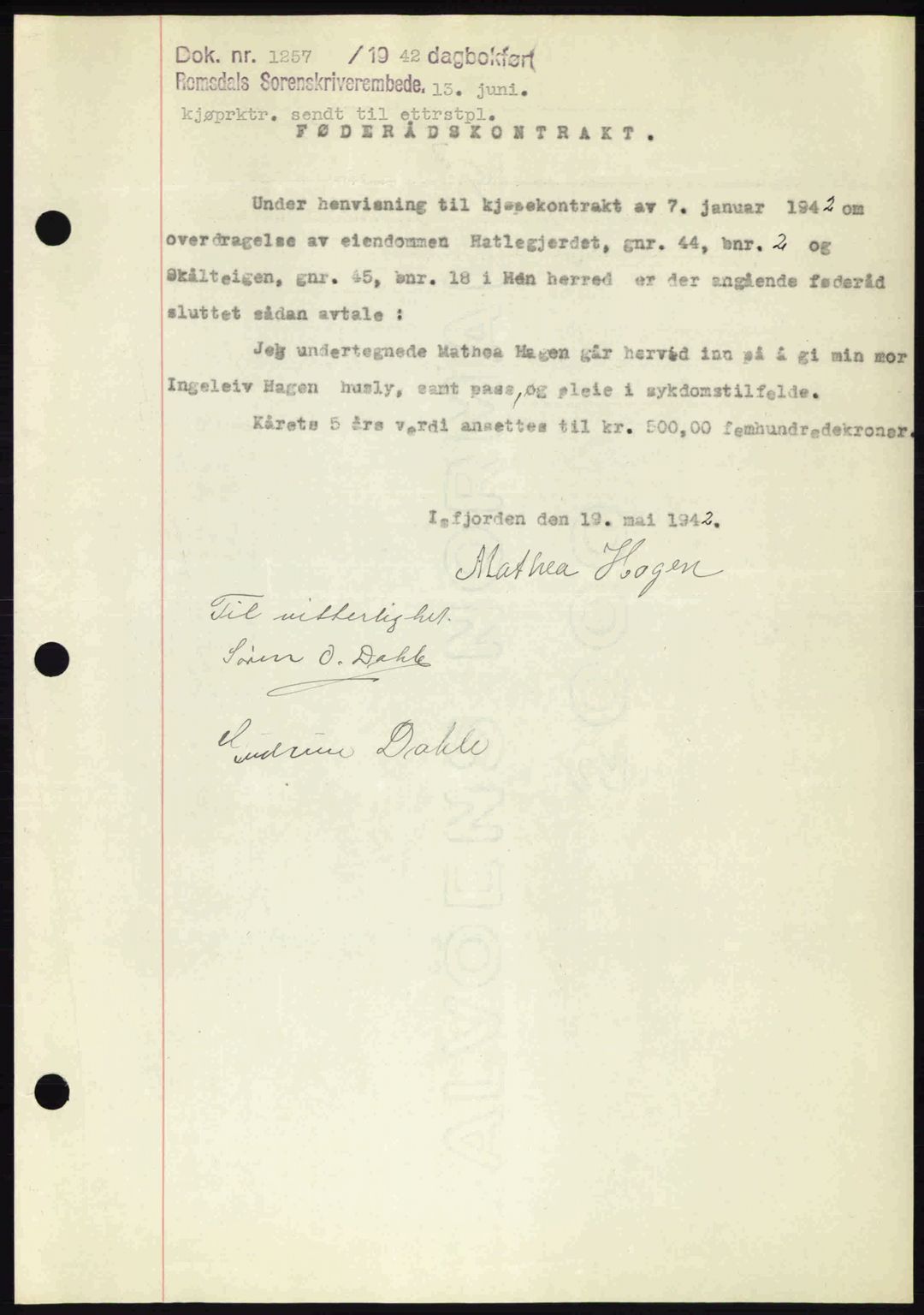 Romsdal sorenskriveri, AV/SAT-A-4149/1/2/2C: Mortgage book no. A12, 1942-1942, Diary no: : 1257/1942