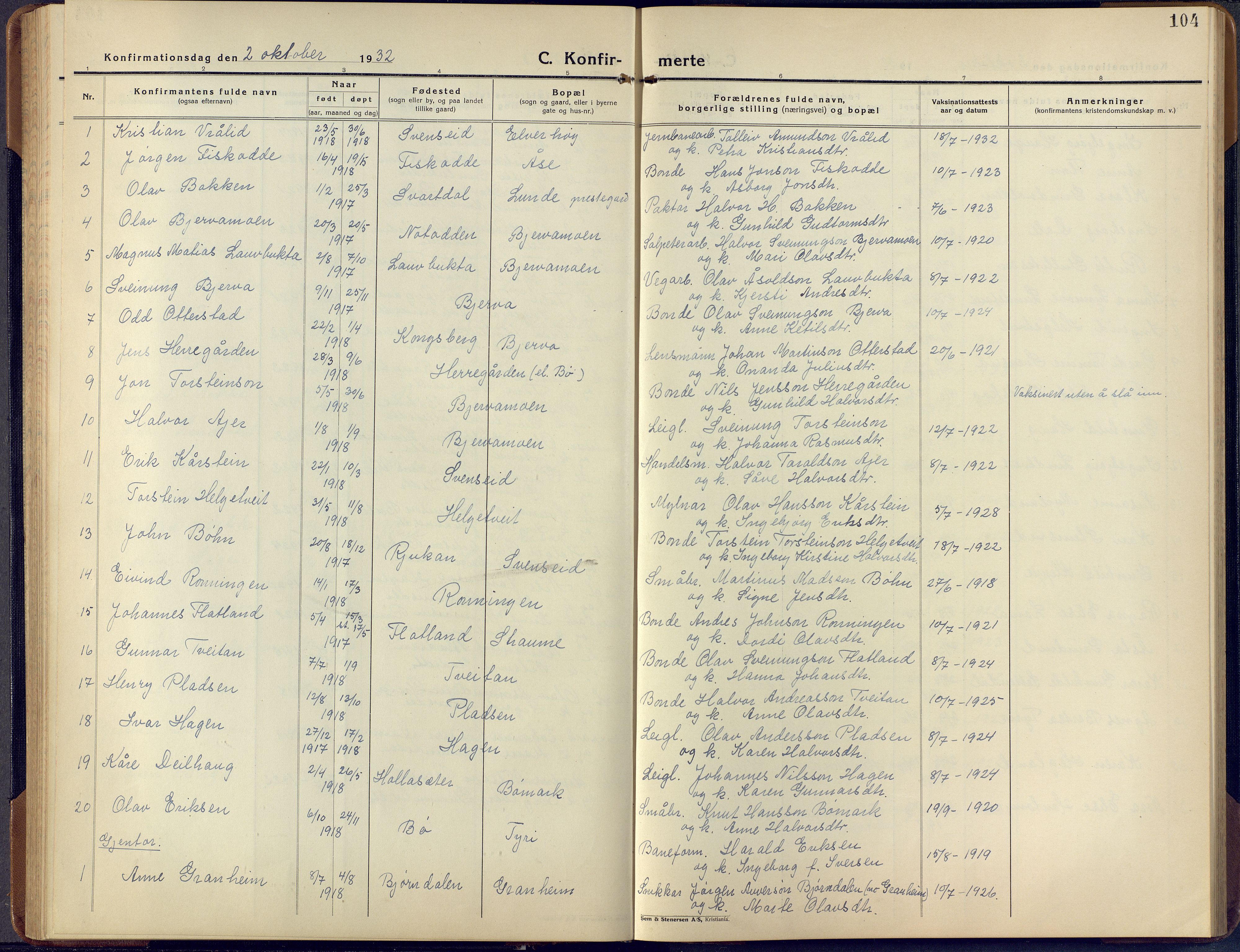 Lunde kirkebøker, SAKO/A-282/F/Fa/L0006: Parish register (official) no. I 6, 1922-1940, p. 104