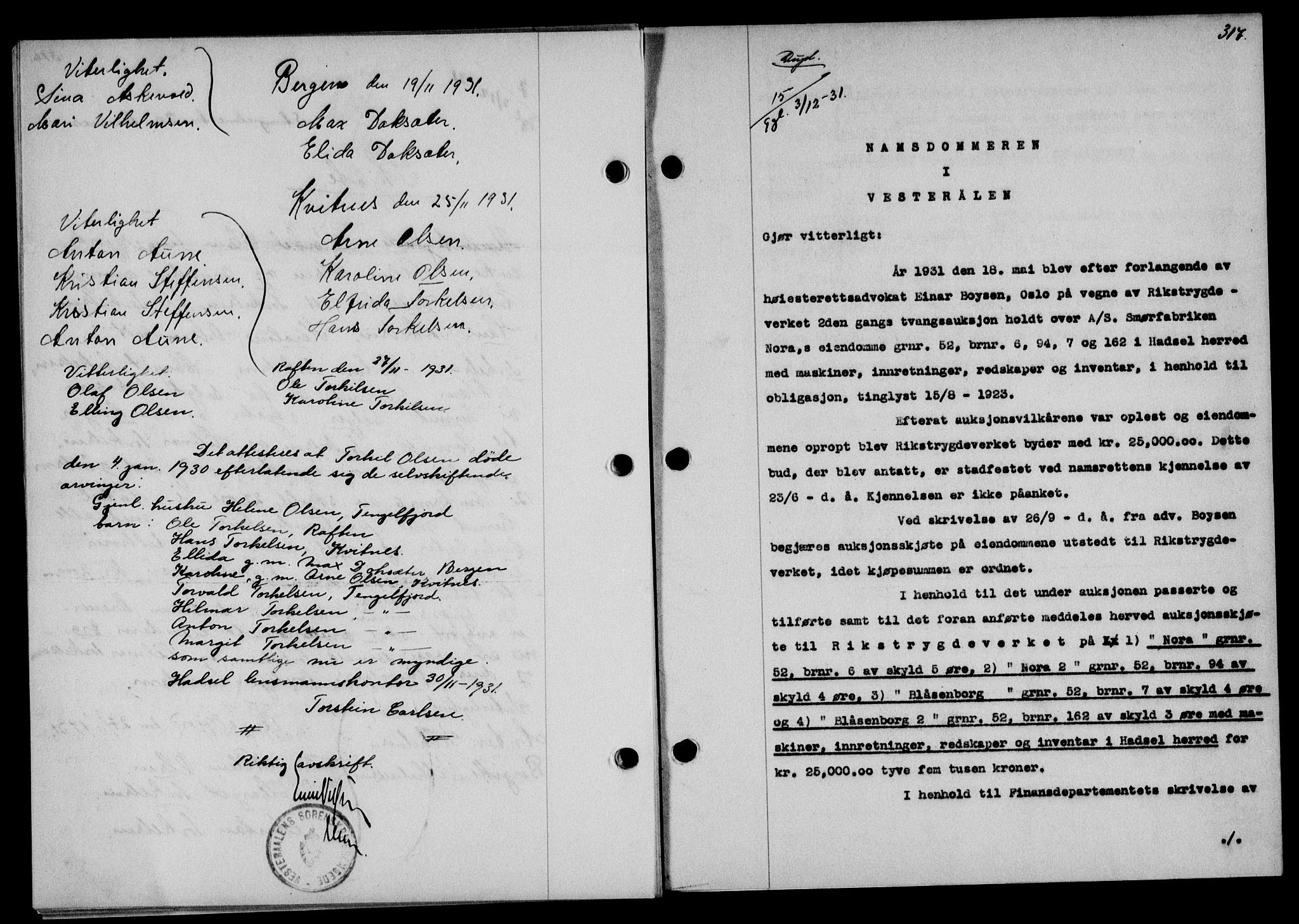 Vesterålen sorenskriveri, SAT/A-4180/1/2/2Ca/L0054: Mortgage book no. 47, 1931-1932, Deed date: 03.12.1931