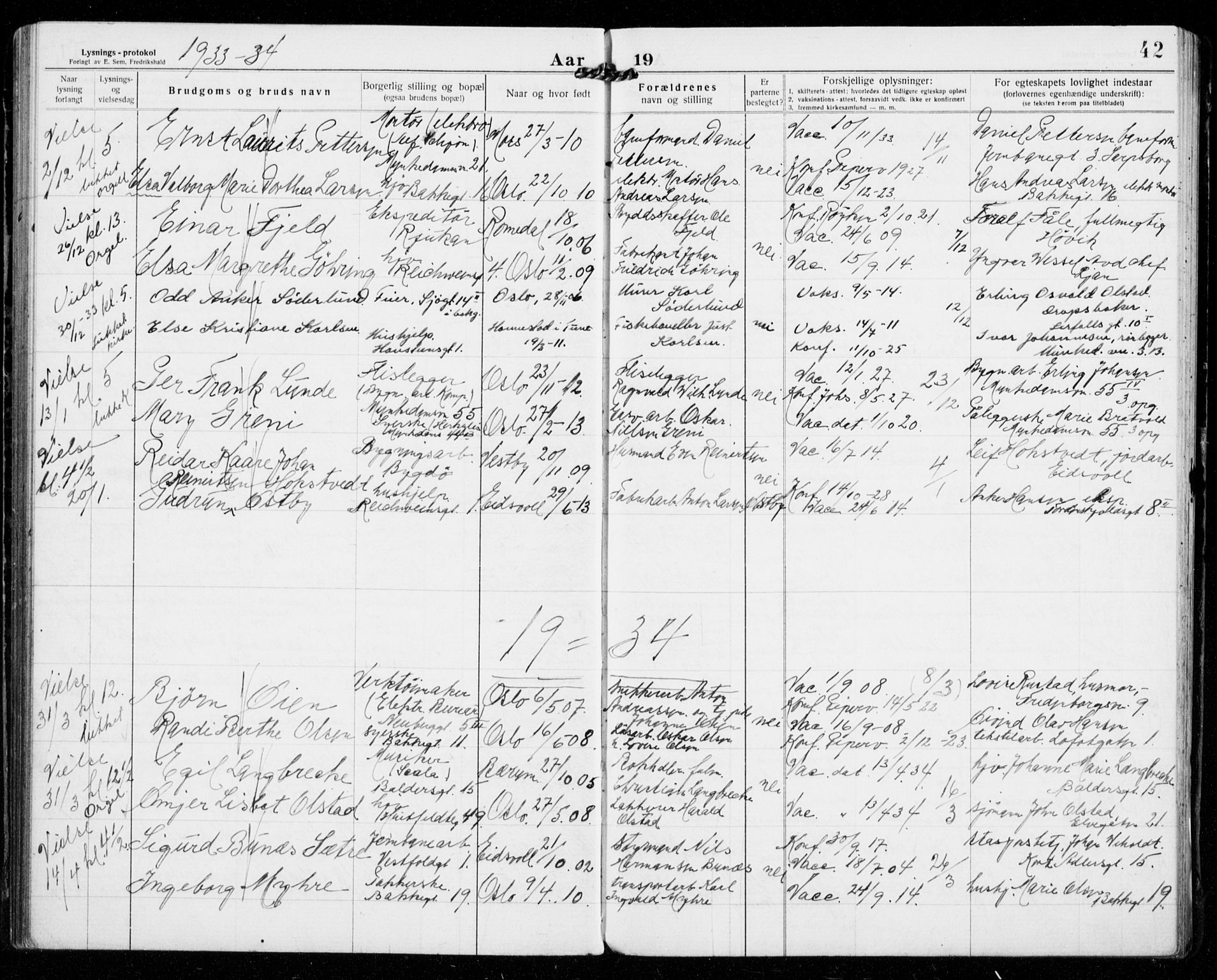 Piperviken prestekontor Kirkebøker, SAO/A-10874/H/L0002: Banns register no. 2, 1922-1942, p. 42