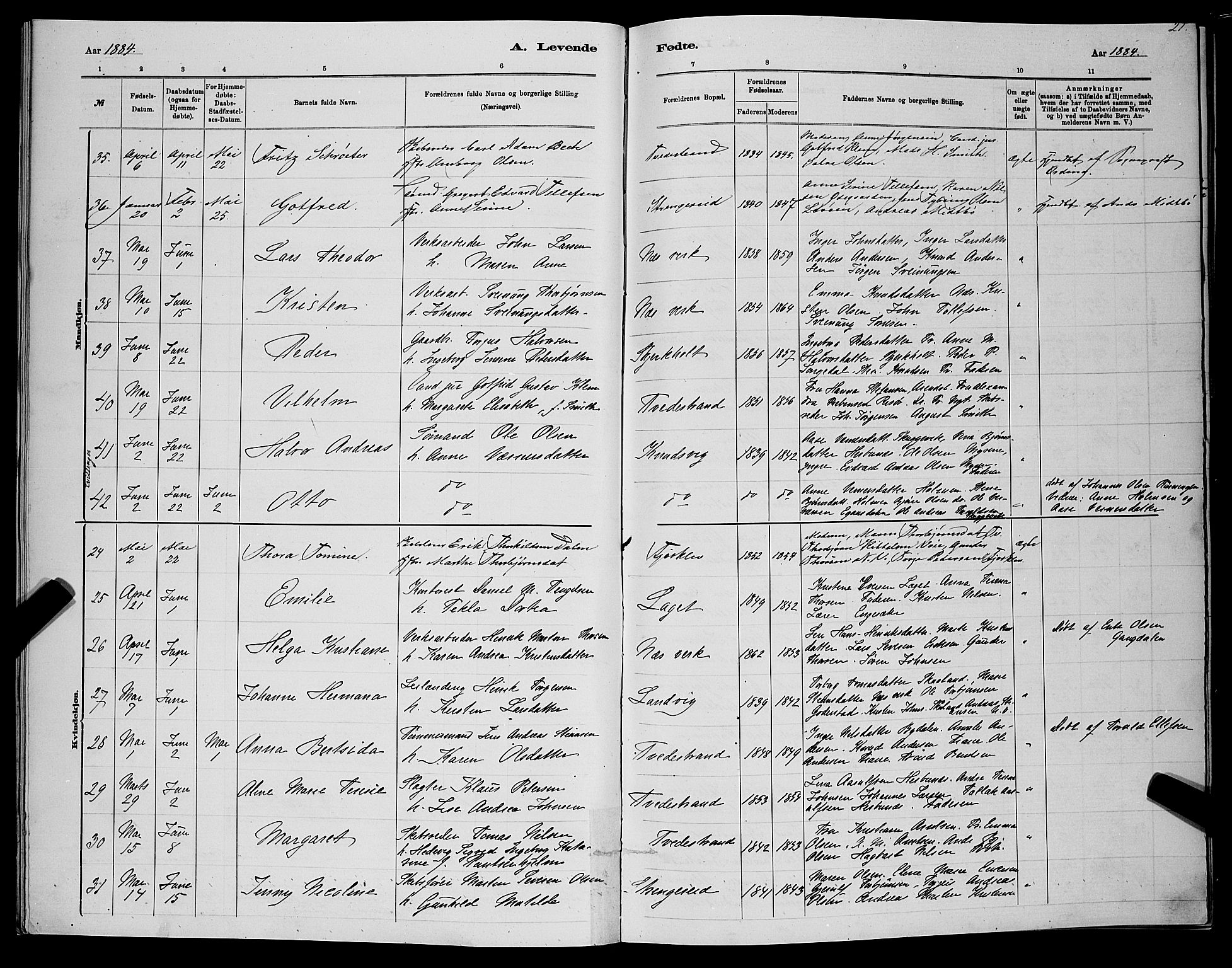 Holt sokneprestkontor, AV/SAK-1111-0021/F/Fb/L0010: Parish register (copy) no. B 10, 1883-1896, p. 21