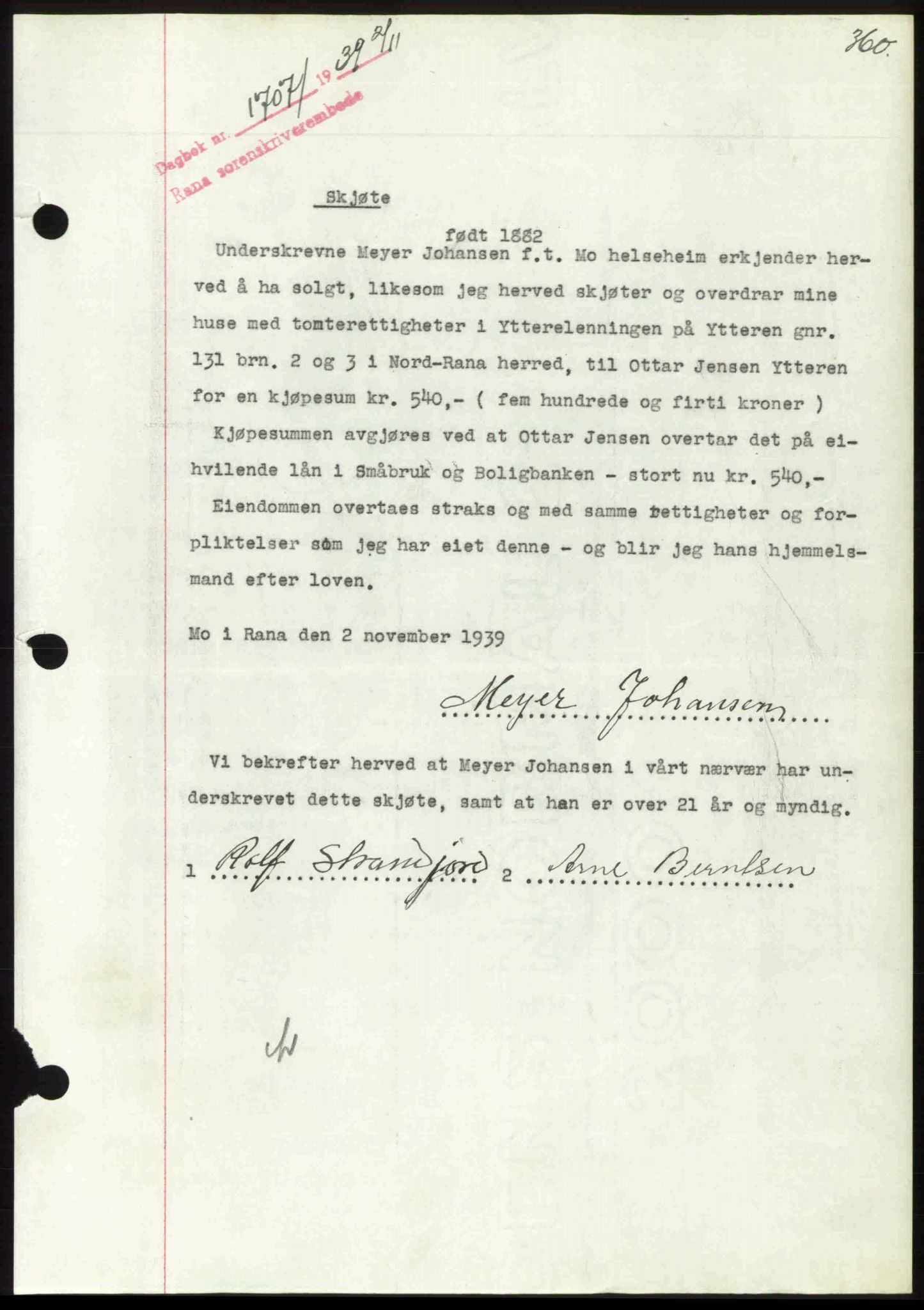 Rana sorenskriveri , SAT/A-1108/1/2/2C: Mortgage book no. A 6, 1939-1940, Diary no: : 1707/1939