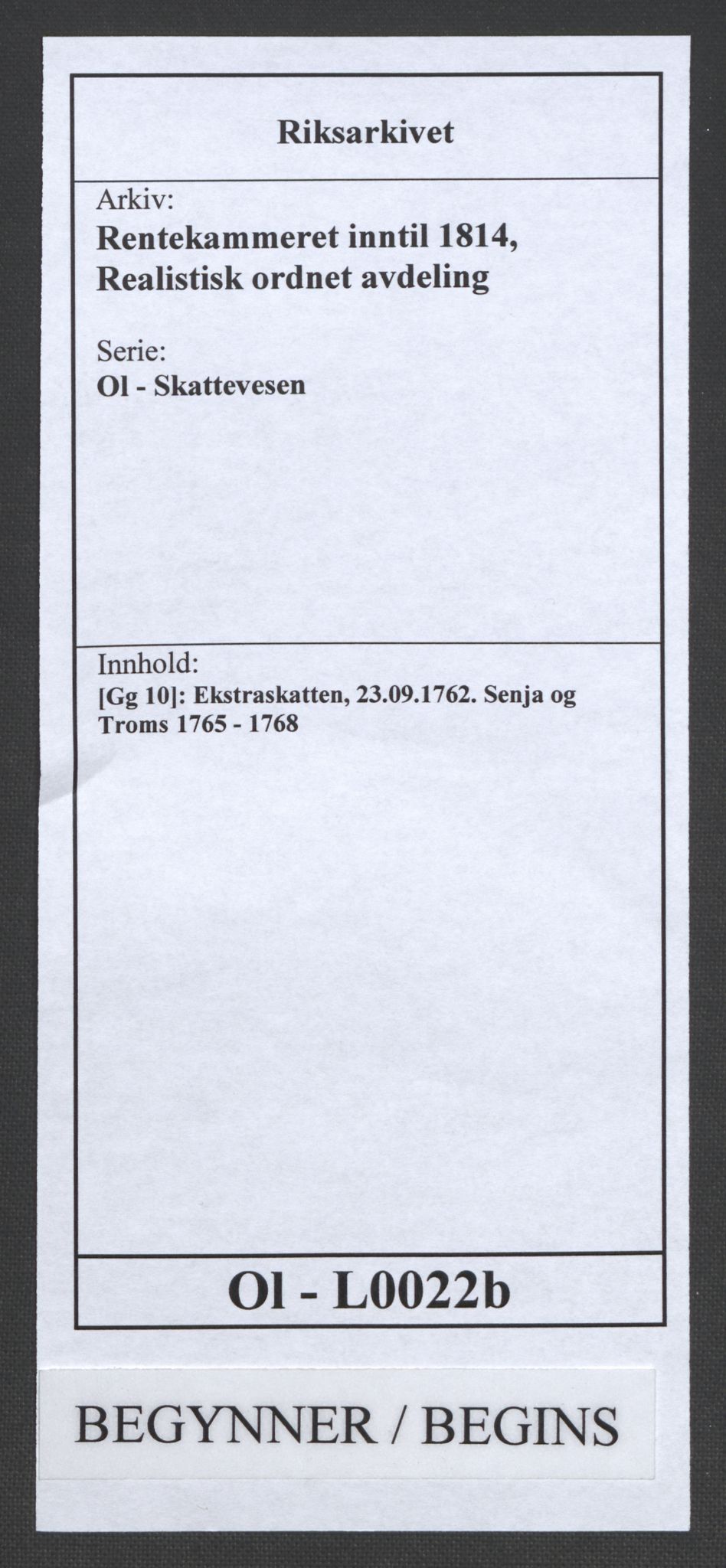 Rentekammeret inntil 1814, Realistisk ordnet avdeling, RA/EA-4070/Ol/L0022b: [Gg 10]: Ekstraskatten, 23.09.1762. Senja og Troms, 1765-1768, p. 1