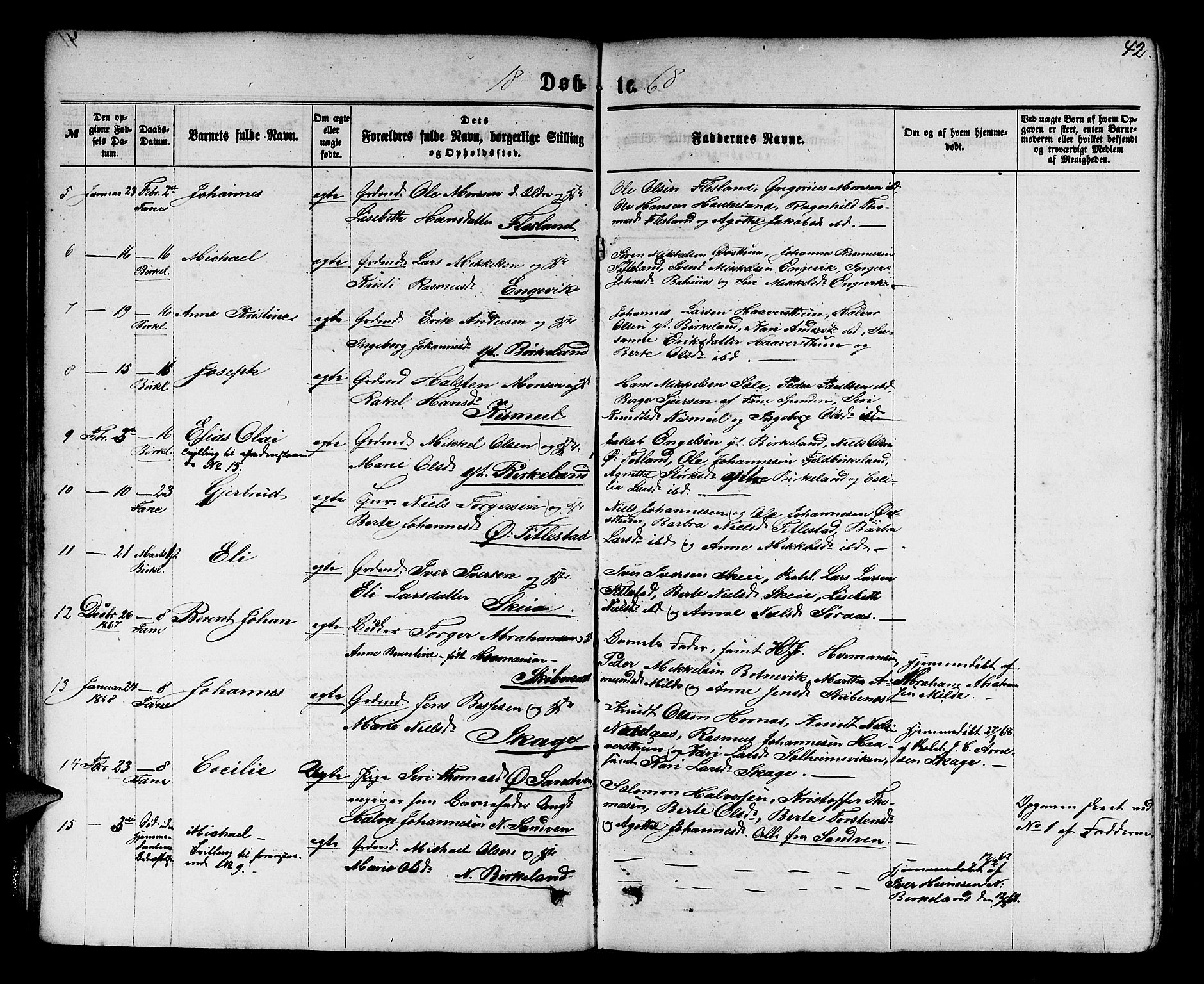 Fana Sokneprestembete, SAB/A-75101/H/Hab/Habb/L0003: Parish register (copy) no. B 3, 1861-1888, p. 42
