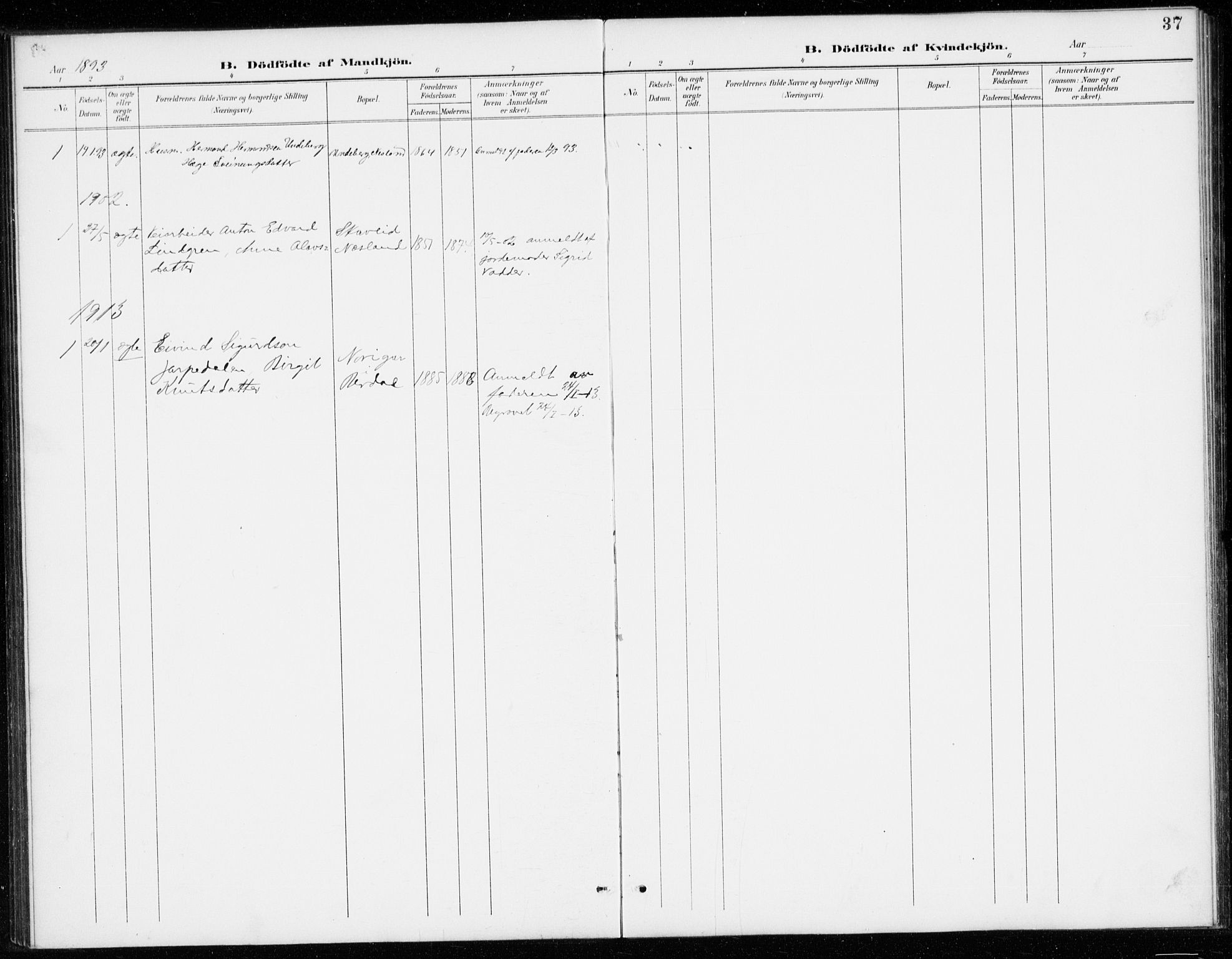 Vinje kirkebøker, AV/SAKO-A-312/G/Gb/L0003: Parish register (copy) no. II 3, 1892-1943, p. 37