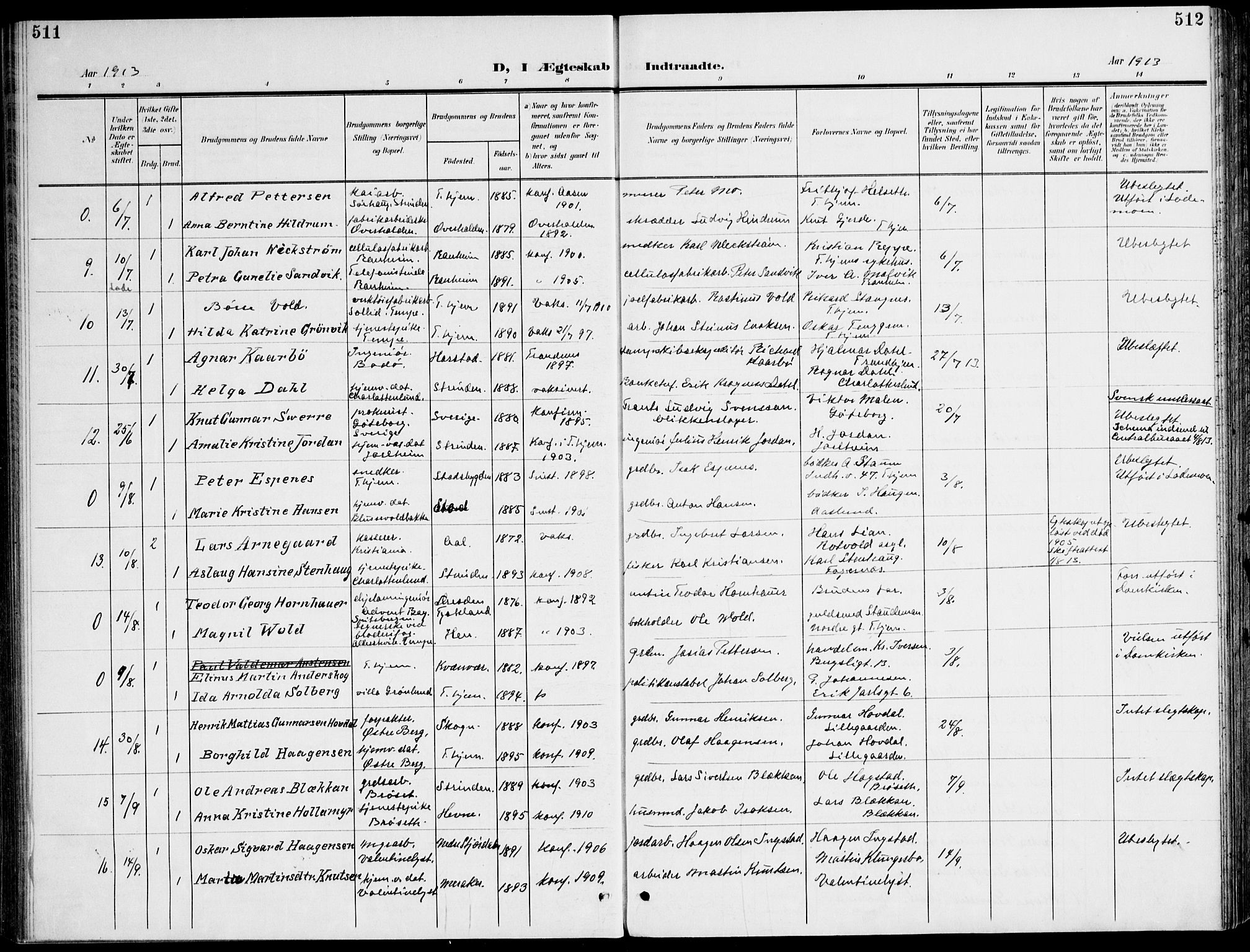 Ministerialprotokoller, klokkerbøker og fødselsregistre - Sør-Trøndelag, AV/SAT-A-1456/607/L0320: Parish register (official) no. 607A04, 1907-1915, p. 511-512