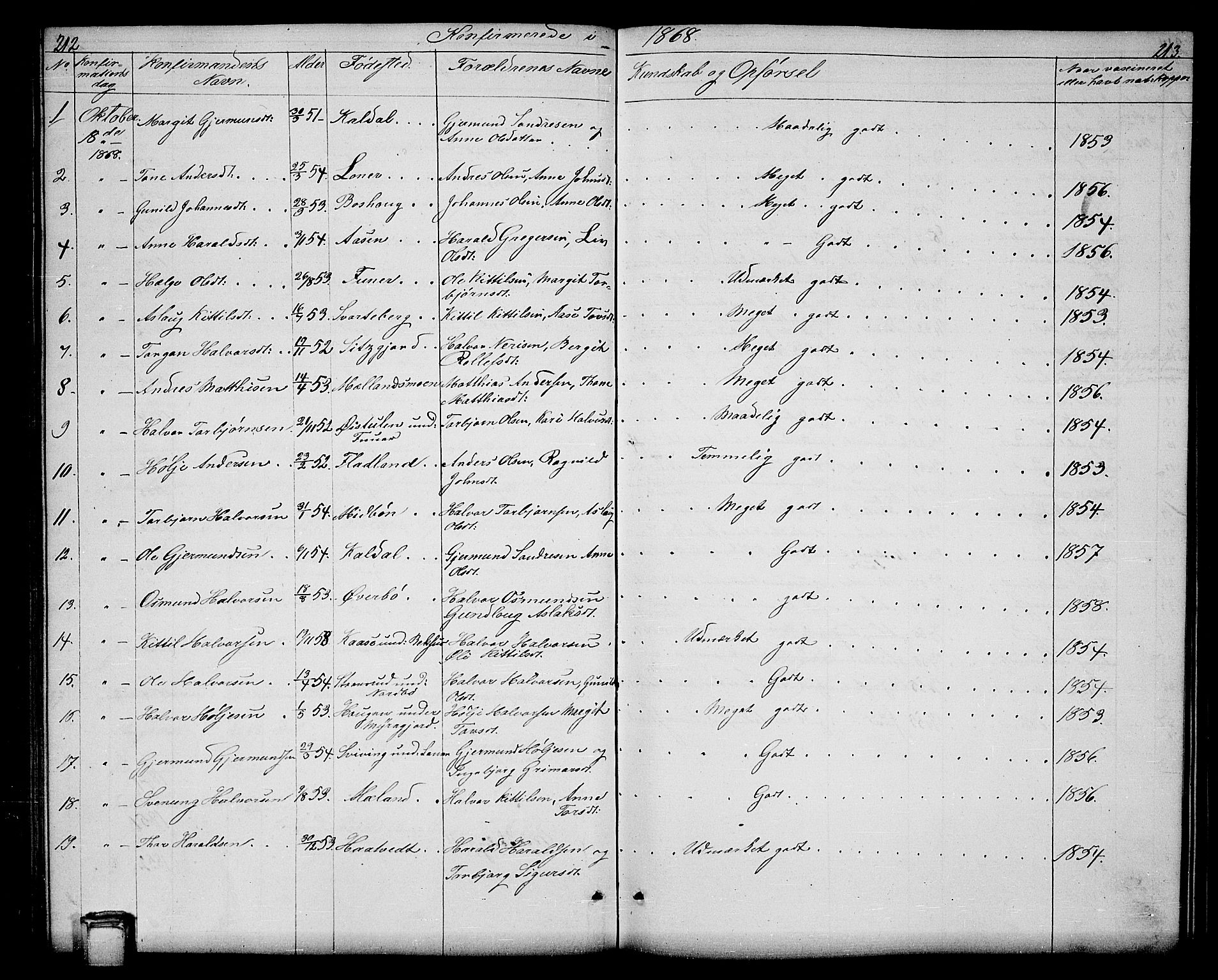 Hjartdal kirkebøker, SAKO/A-270/G/Ga/L0002: Parish register (copy) no. I 2, 1854-1888, p. 212-213