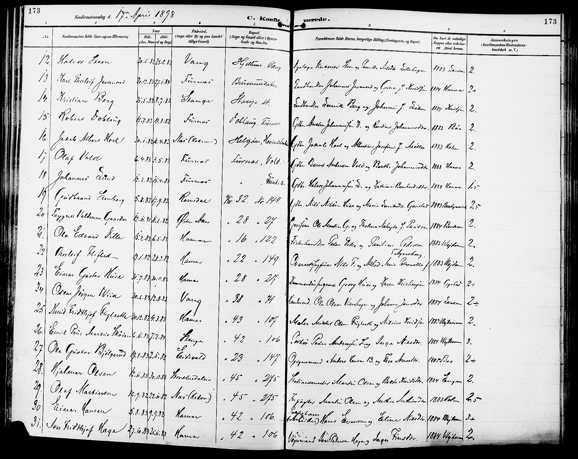 Vang prestekontor, Hedmark, SAH/PREST-008/H/Ha/Haa/L0017: Parish register (official) no. 17, 1890-1899, p. 173