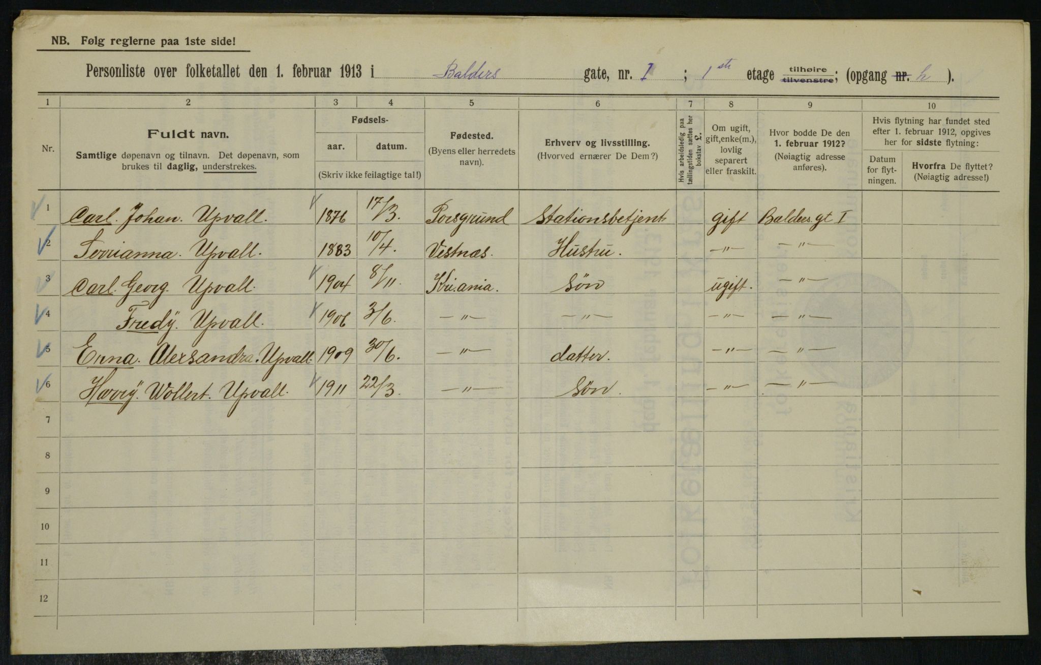 OBA, Municipal Census 1913 for Kristiania, 1913, p. 2906