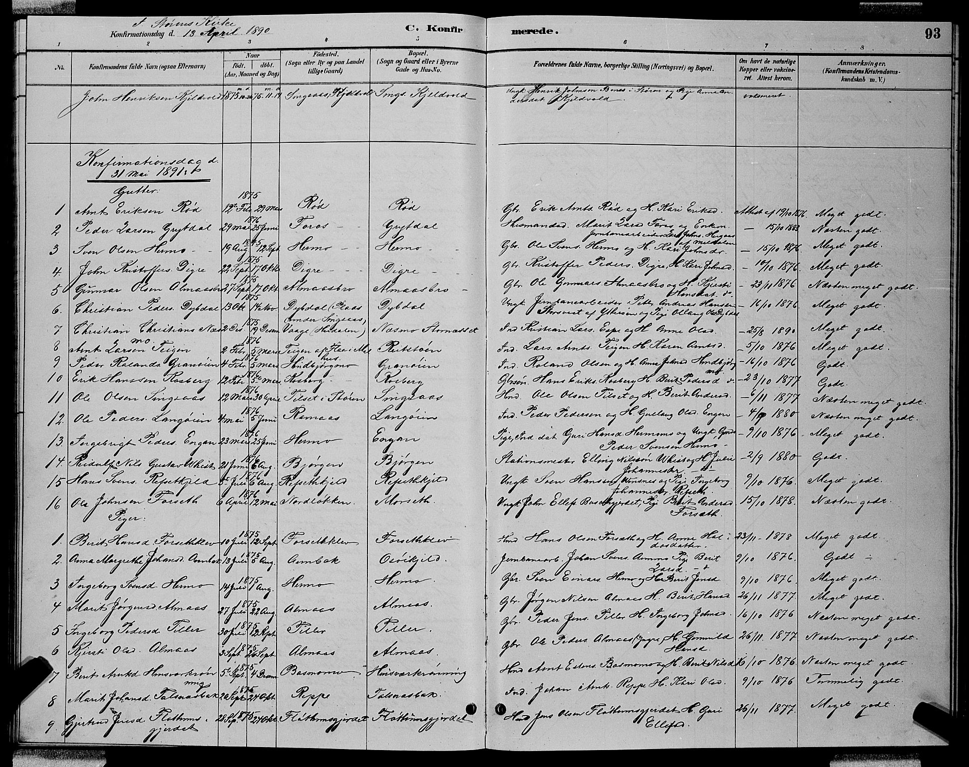 Ministerialprotokoller, klokkerbøker og fødselsregistre - Sør-Trøndelag, SAT/A-1456/688/L1028: Parish register (copy) no. 688C03, 1889-1899, p. 93