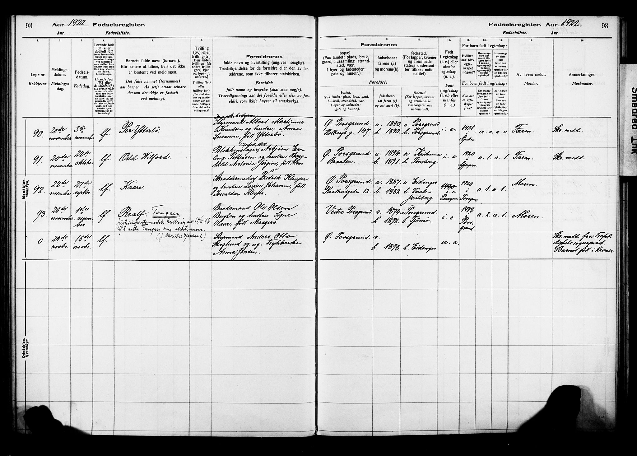 Porsgrunn kirkebøker , AV/SAKO-A-104/J/Ja/L0001: Birth register no. 1, 1916-1929, p. 93