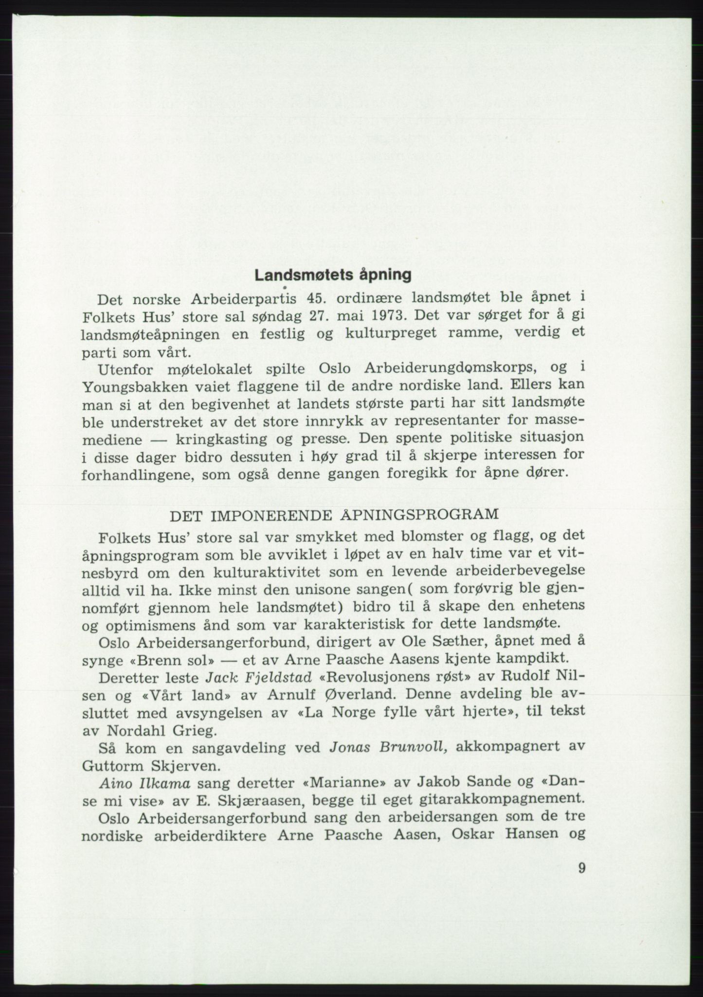 Det norske Arbeiderparti - publikasjoner, AAB/-/-/-: Protokoll over forhandlingene på det 45. ordinære landsmøte 27.-30. mai 1973 i Oslo, 1973, p. 9