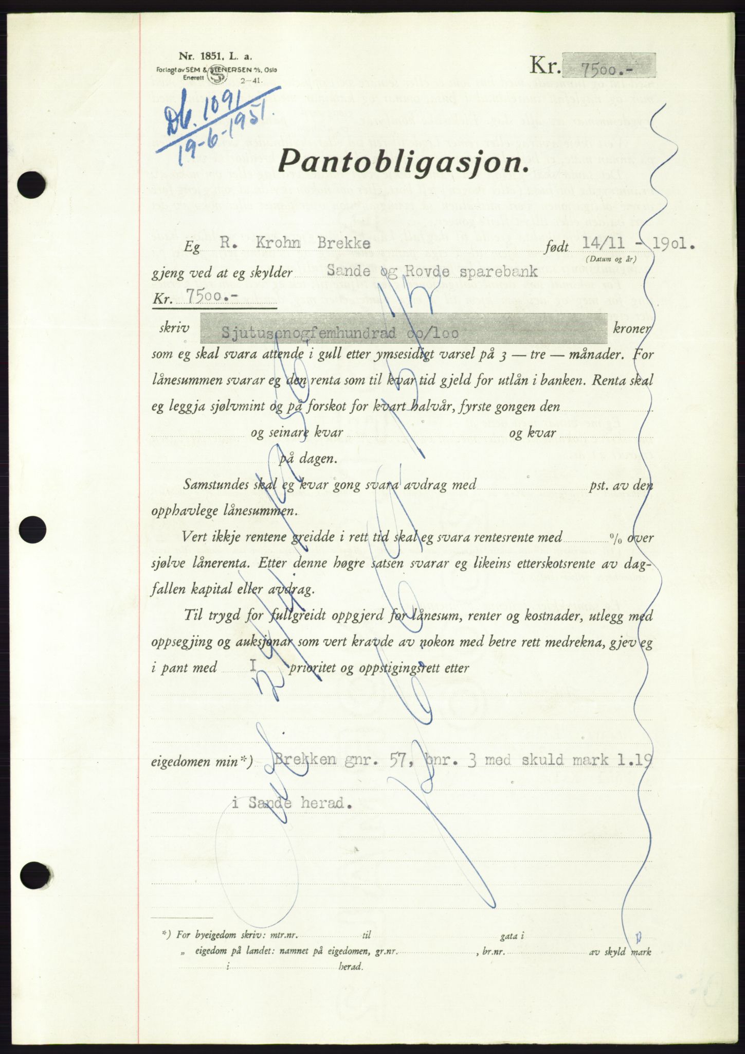 Søre Sunnmøre sorenskriveri, AV/SAT-A-4122/1/2/2C/L0120: Mortgage book no. 8B, 1951-1951, Diary no: : 1091/1951