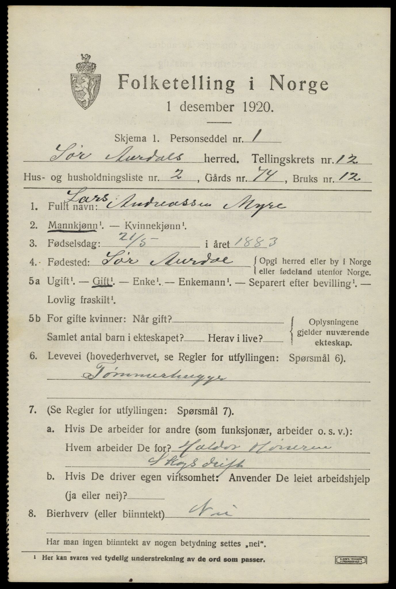 SAH, 1920 census for Sør-Aurdal, 1920, p. 6675