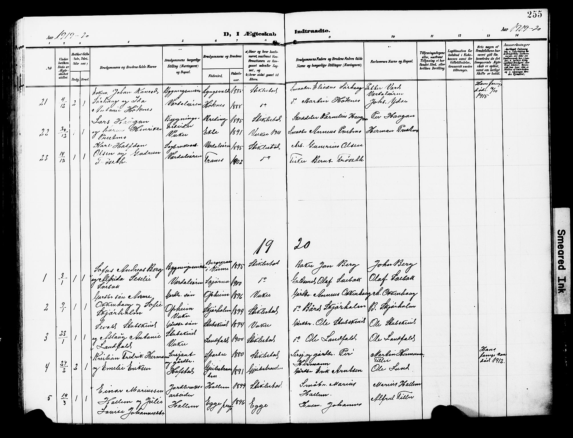 Ministerialprotokoller, klokkerbøker og fødselsregistre - Nord-Trøndelag, SAT/A-1458/723/L0258: Parish register (copy) no. 723C06, 1908-1927, p. 255