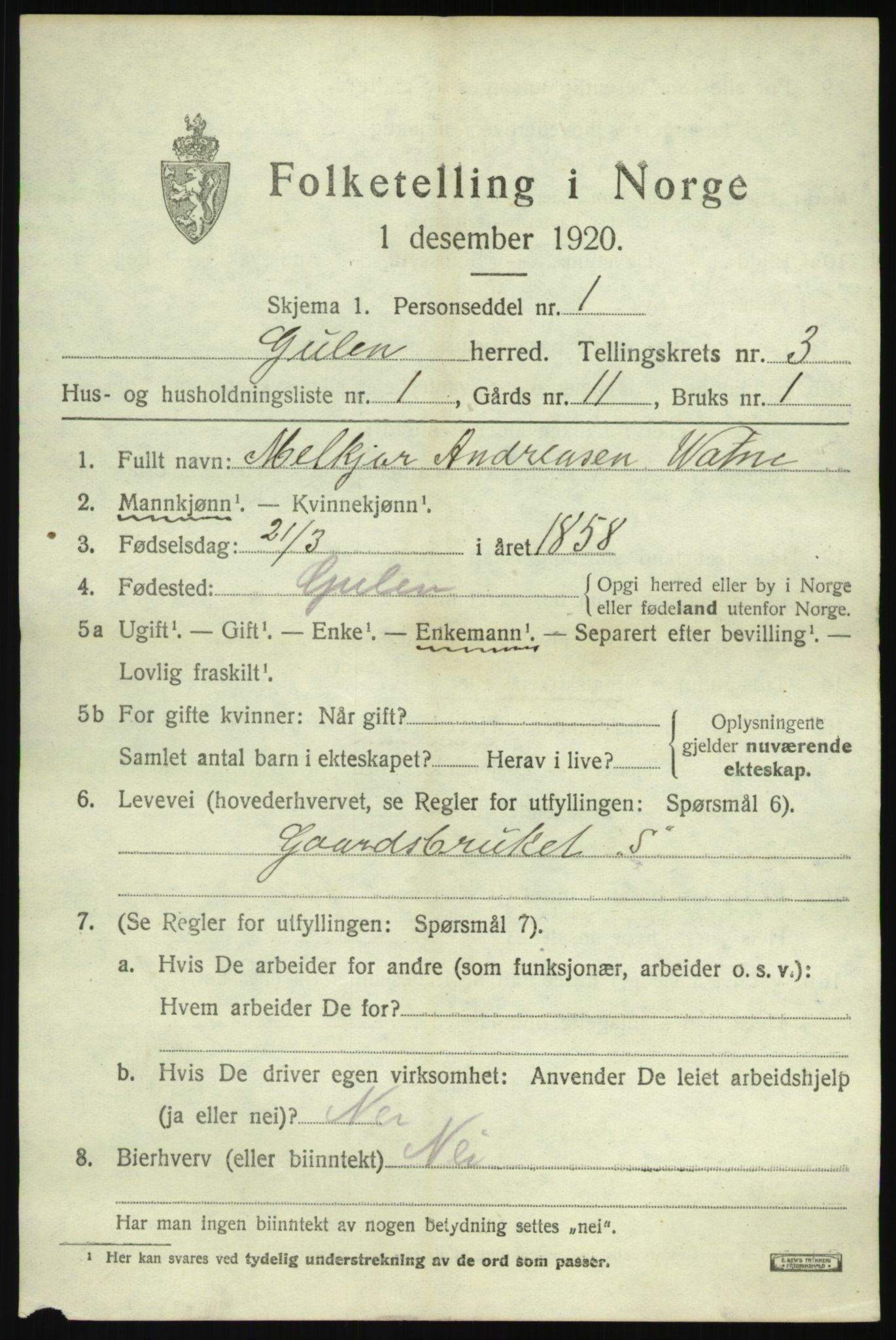 SAB, 1920 census for Gulen, 1920, p. 1525